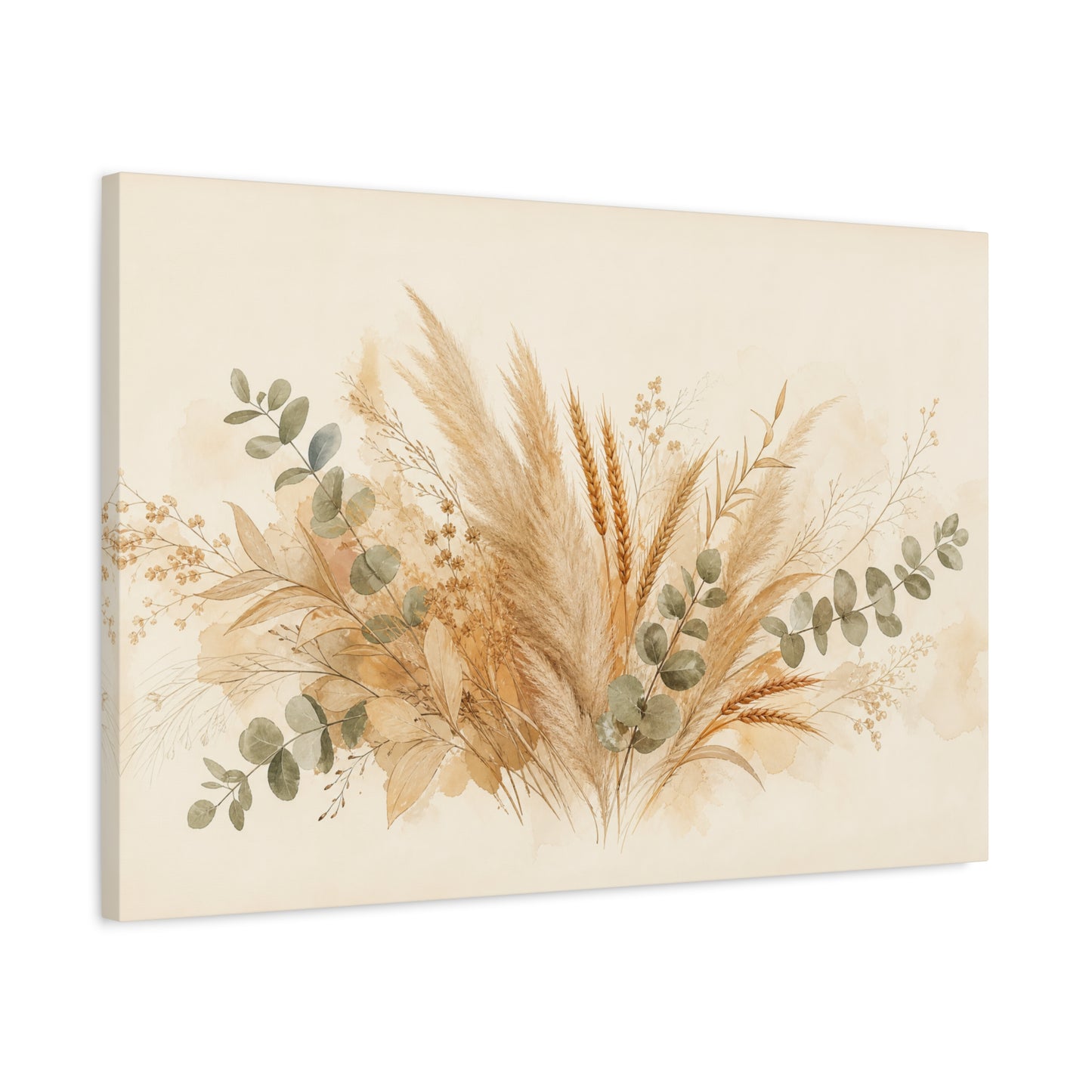 Neutral Botanical Canvas Wall Art - Pampas Grass, Wheat Stems, Eucalyptus Print - Soft Beige Sage Floral Composition - Modern Farmhouse Style - Living Room Wall Decor, Bedroom Home Decoration