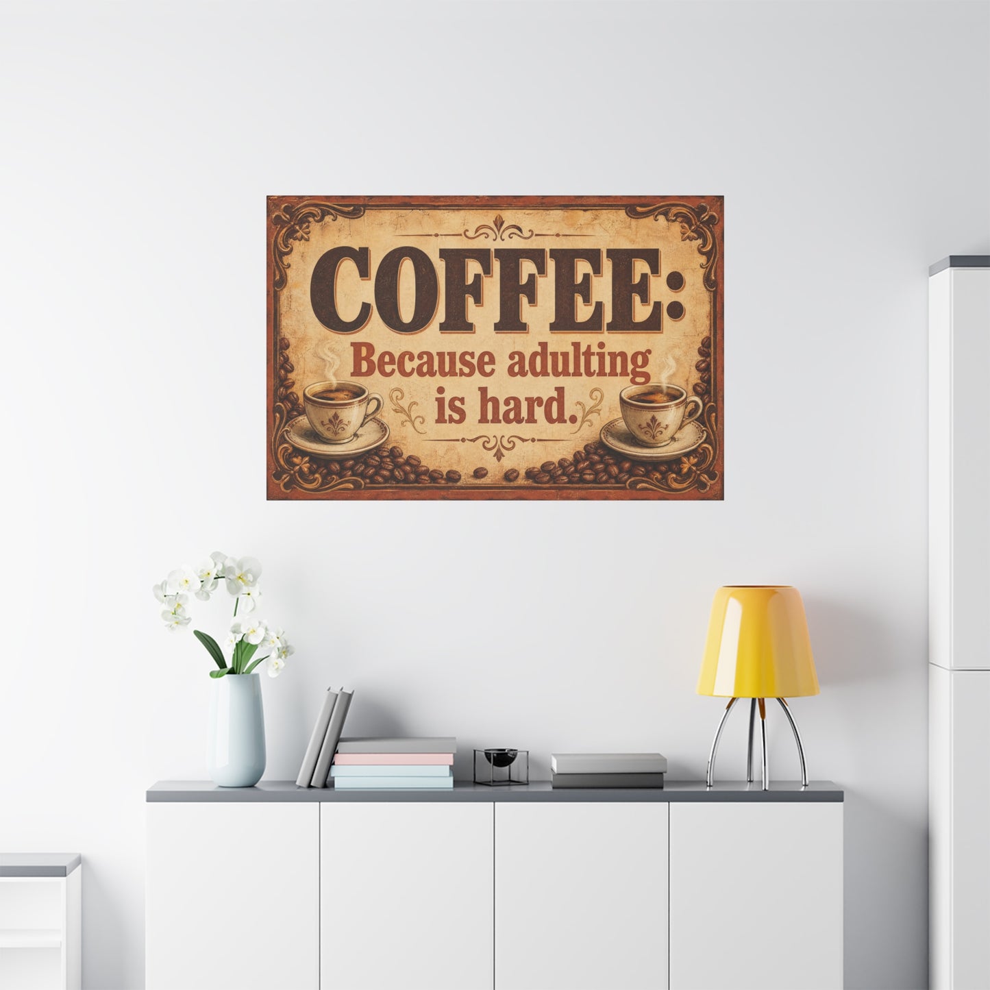 "Coffee: Because Adulting Is Hard." Coffee Canvas Wall Art - Vintage Decor, Rustic Farmhouse Style, Funny Cafe Quote Print - Office Wall Art - Ready to Hang - Bistro Decor - Espresso Bar Sign