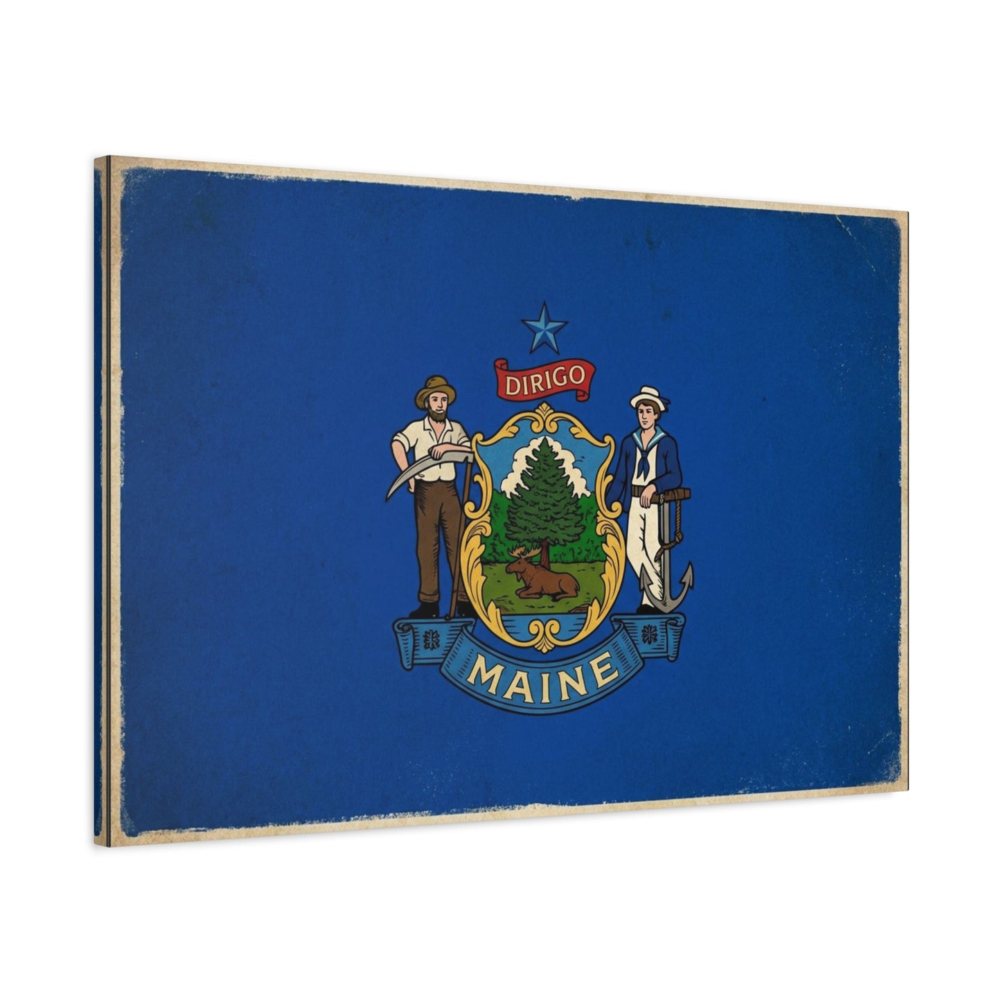 Maine State Flag Canvas Wall Art - Dirigo Vintage Blue Flag Print, Rustic Patriotic Decor - Distressed Illustration Style - Living Room Wall Decor, Office Art Accent - Bedroom Home Decoration