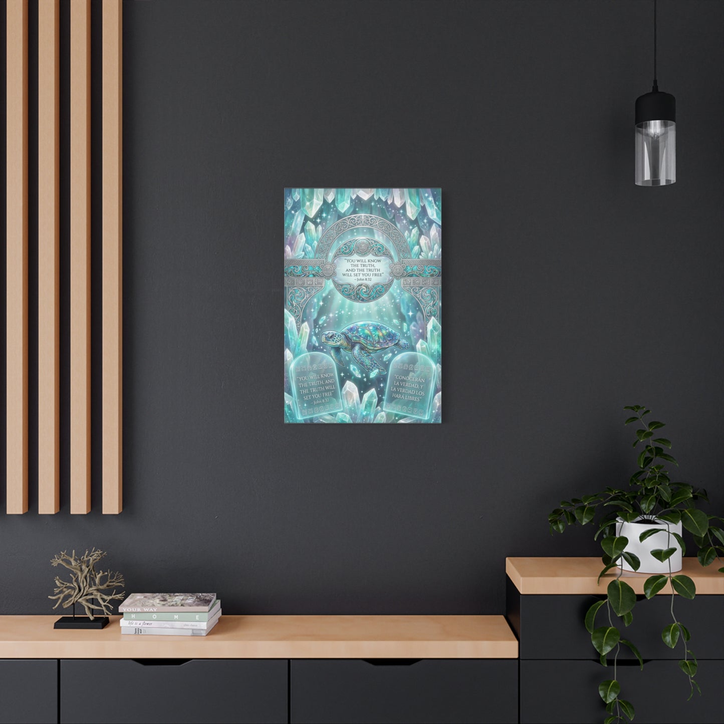 "You Will Know The Truth, And The Truth Will Set You Free" Sea Turtle Canvas Wall Art - John 8:32 Scripture Decor, Crystal Ocean Fantasy Style, Bedroom Wall Hanging, Meditation Space - Ready to Hang