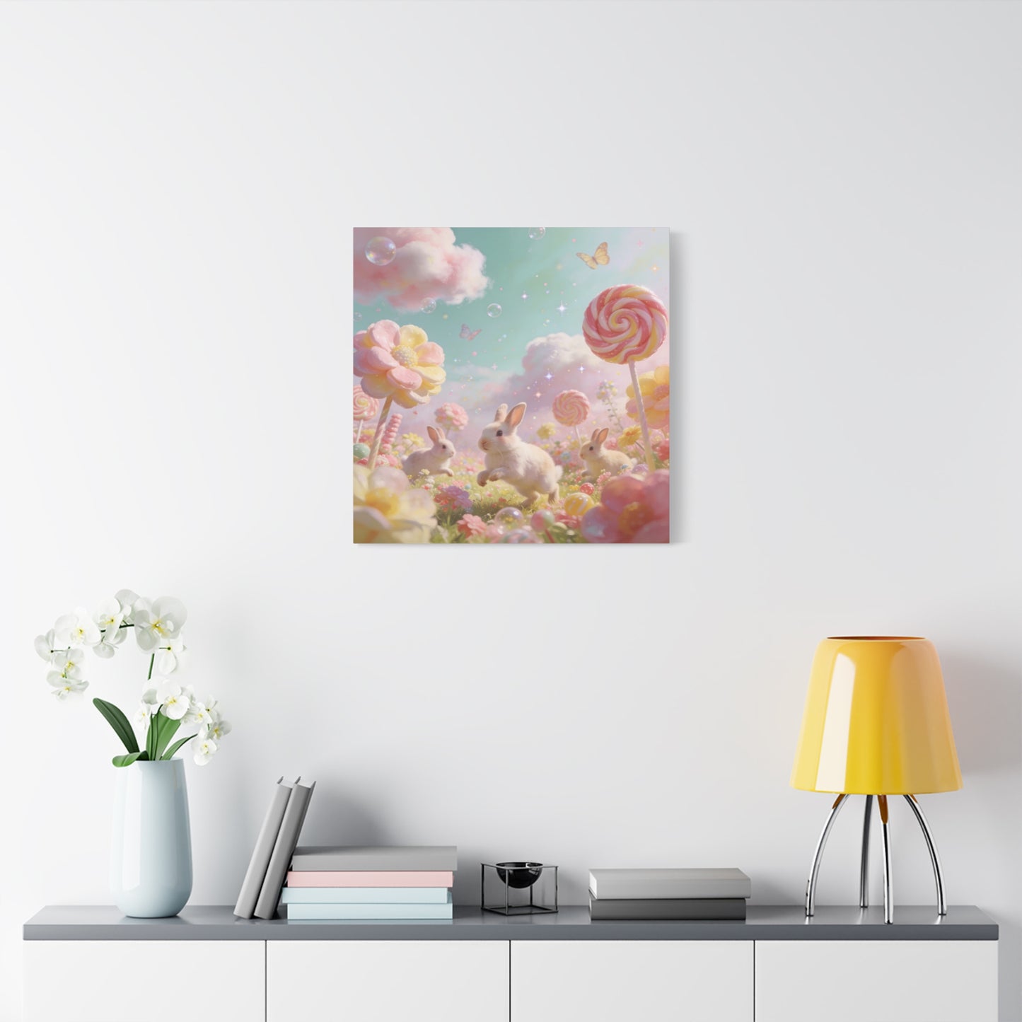 Bunny Candyland Canvas Wall Art - Pastel Rabbit Meadow, Lollipop Flowers, Dreamy Nursery Wall Decor - Whimsical Illustration - Bedroom Home Decoration, Kids Room Accent - Bedroom Home Decoration