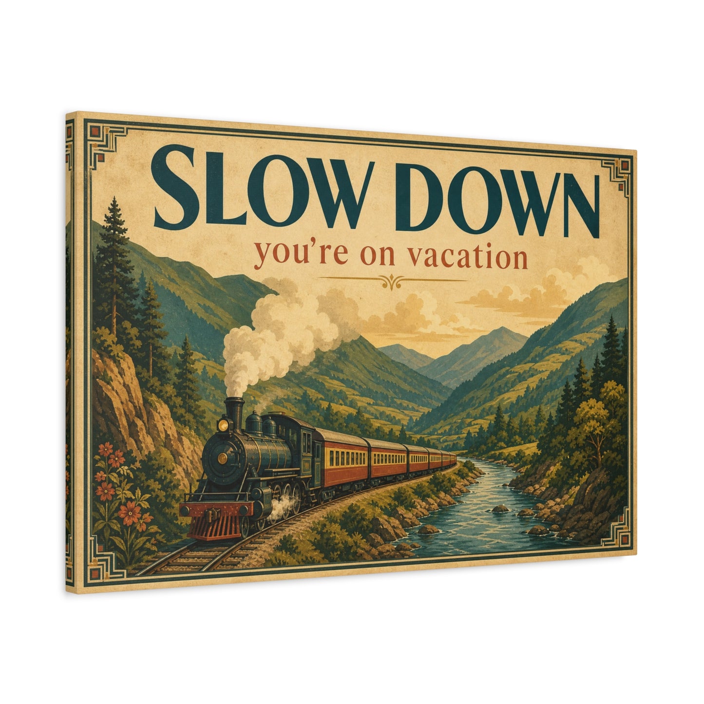 "Slow Down You're On Vacation" Vintage Train Canvas Wall Art - Mountain River Travel Poster Style, Retro Landscape Home Decor - Rustic Cabin Living Room Decoration, Vacation Rental Accent