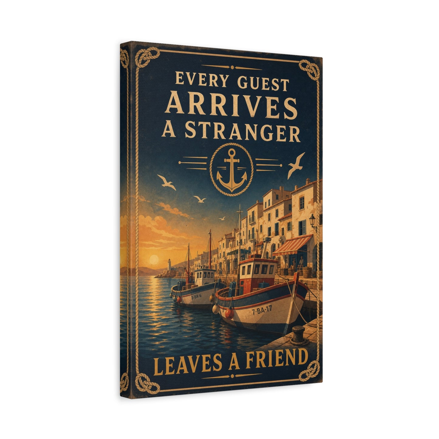 "Every Guest Arrives A Stranger Leaves A Friend" Nautical Canvas Wall Art - Vintage Harbor Sunset, Coastal Typography Print, Anchor Sailor Decor, Living Room Wall Decor - Bedroom Home Decoration