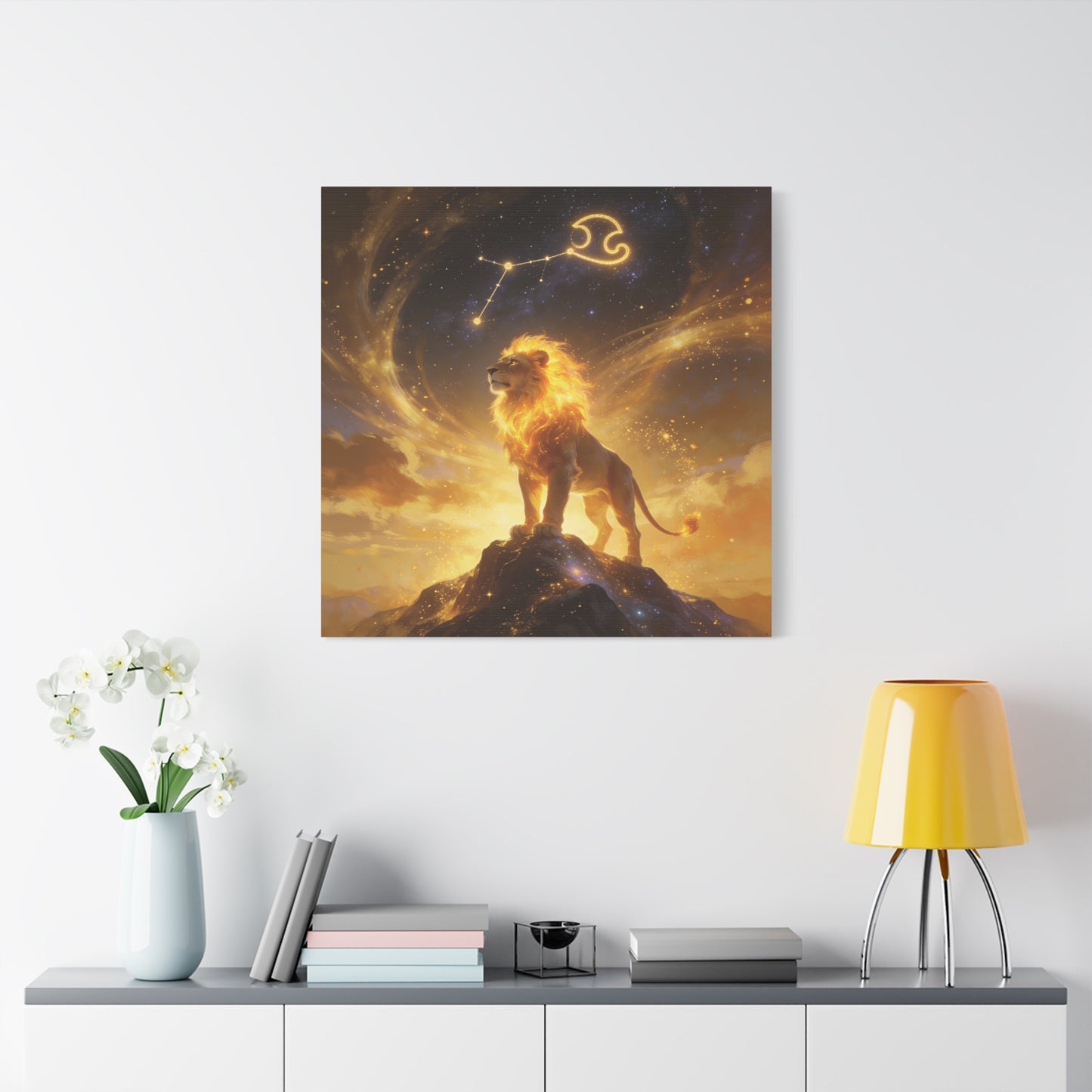 Leo Zodiac Lion Canvas Wall Art - Celestial Astrology Constellation Print, Glowing Gold Cosmic Sky - Fantasy Style, Living Room Wall Decor Bedroom Home Decoration Office Art - Bedroom Home Decoration