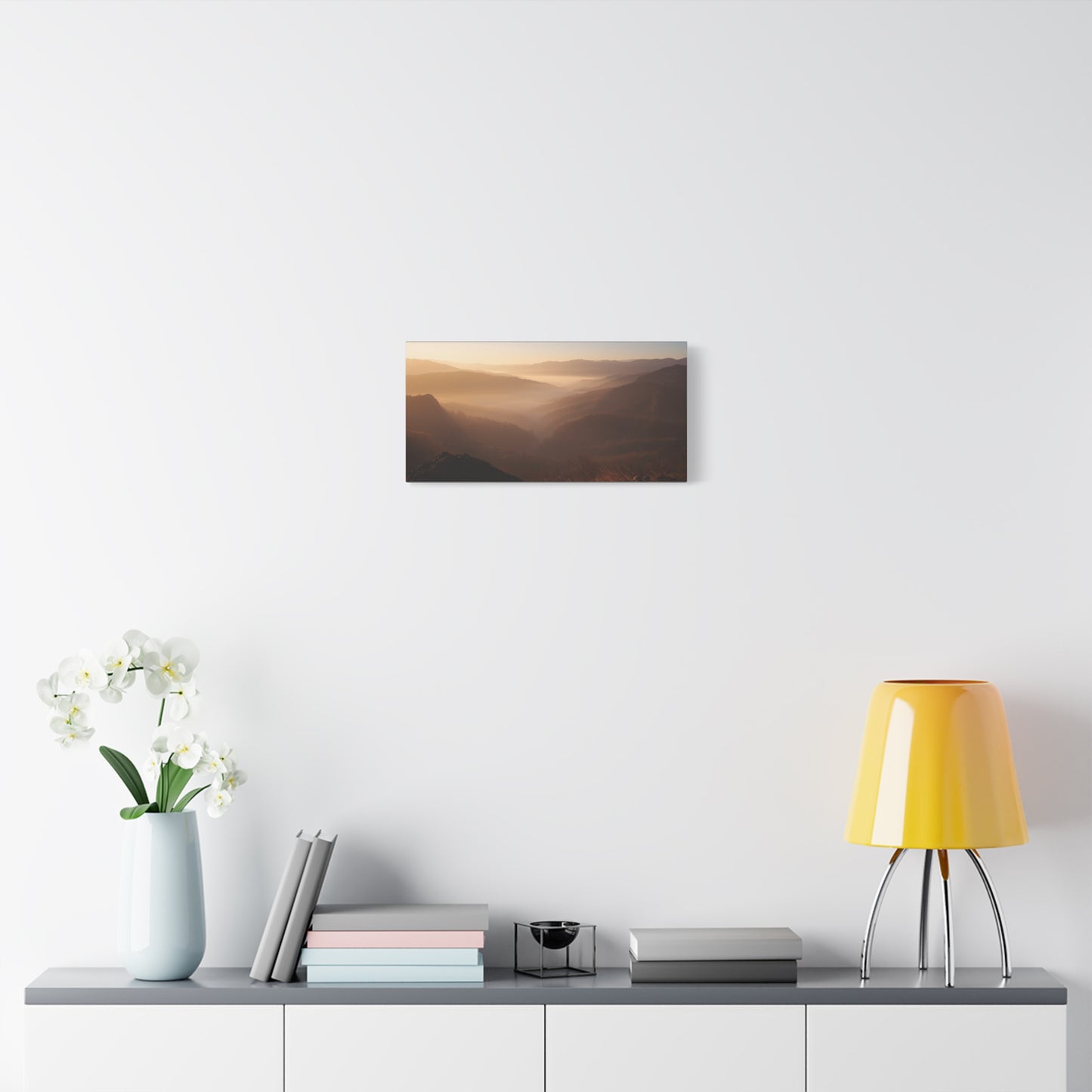 Golden Mist Mountain Valley Canvas Wall Art - Serene Landscape Art Print, Warm Dawn Light - Minimalist Nature Decor - Living Room Wall Decor, Bedroom Home Decoration - Bedroom Home Decoration