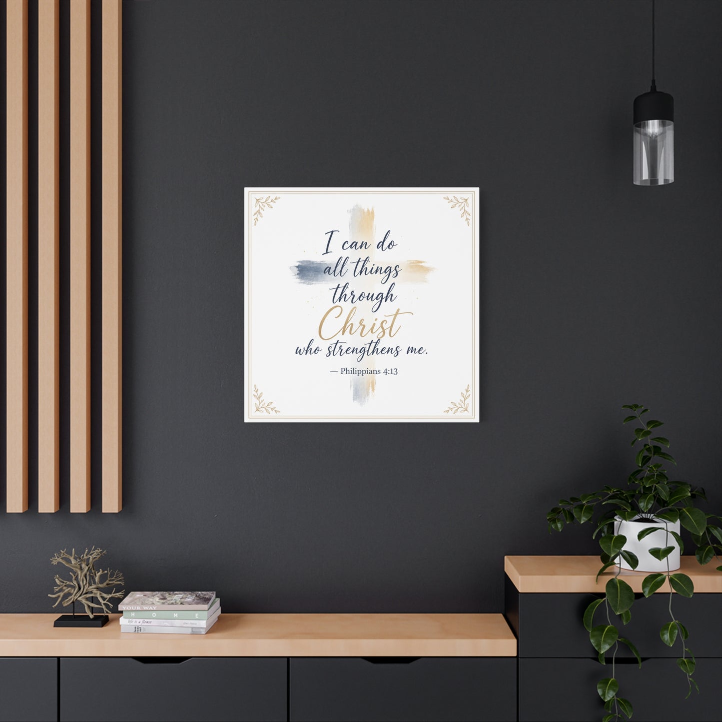 "I Can Do All Things Through Christ Who Strengthens Me. - Philippians 4:13" Christian Canvas Wall Art - Blue And Gold Scripture Quote Print - Traditional Typography - Bedroom Decor - Office Wall Art