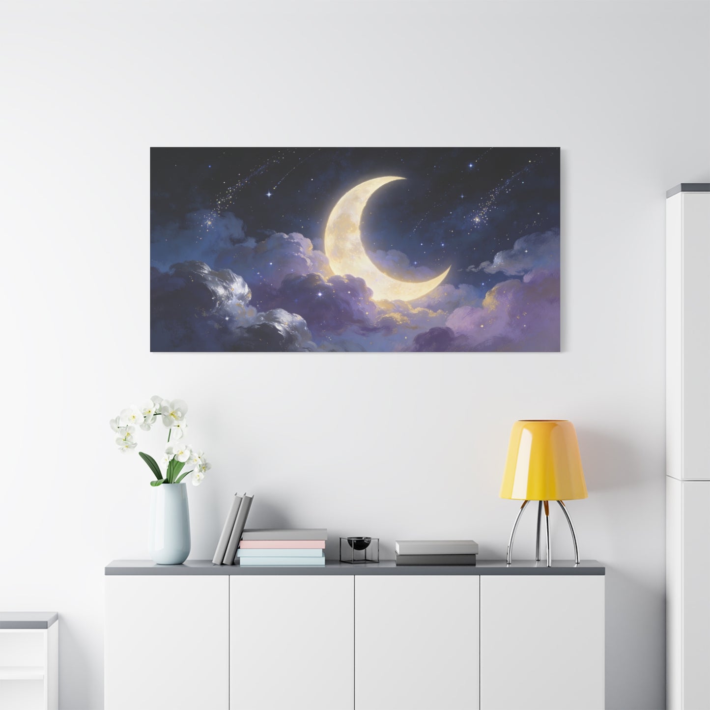 Crescent Moon Canvas Wall Art - Dreamy Night Sky Clouds, Celestial Starry Canvas Print - Contemporary Blue Gold Fantasy Decor - Bedroom Wall Decor, Living Room Home Accent - Bedroom Home Decoration
