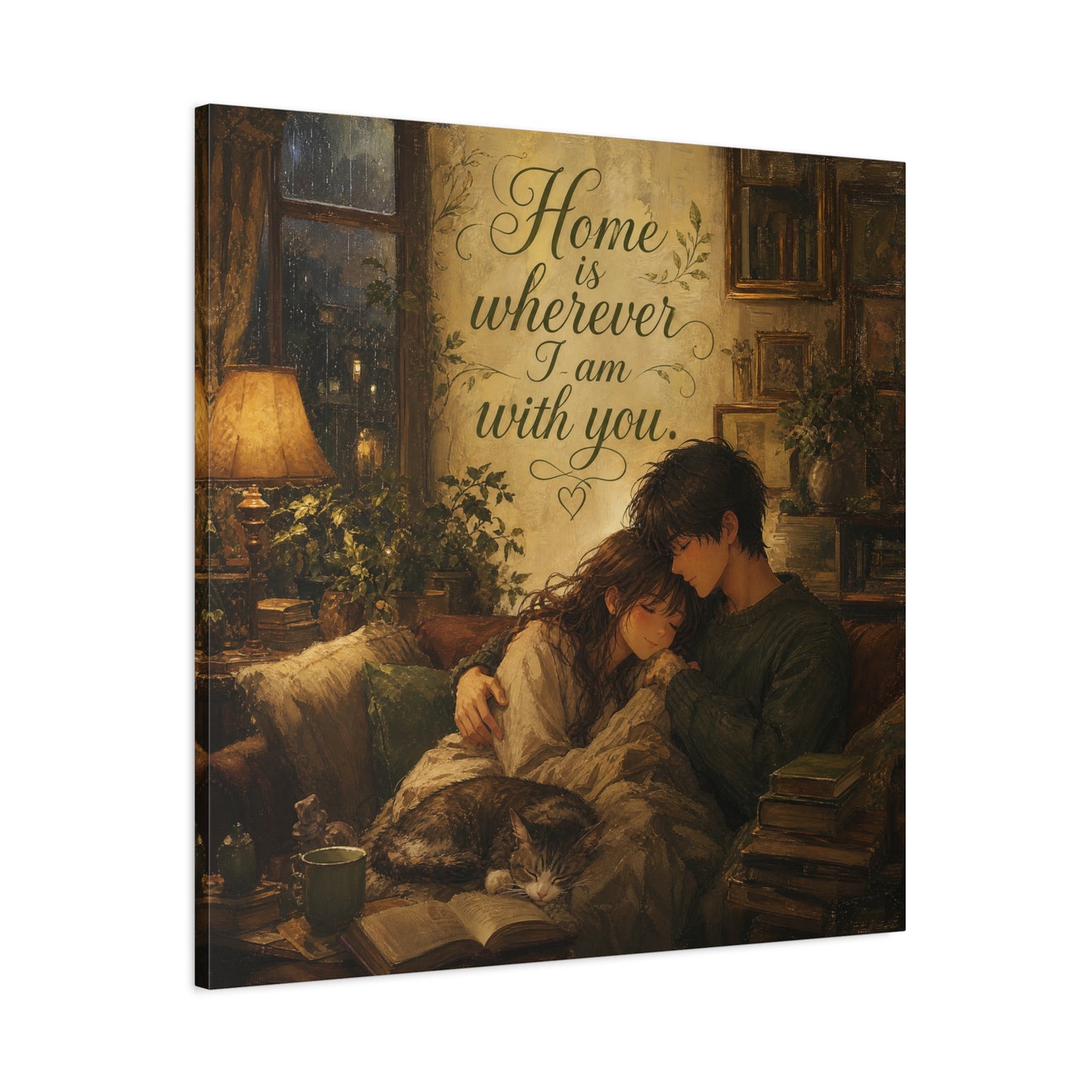 "Home Is Wherever I Am With You." Couple Canvas Wall Art - Romantic Cozy Reading Nook Quote Print - Vintage Warm Lamplight Style - Living Room Wall Decor, Bedroom Home Decoration - Ready to Hang