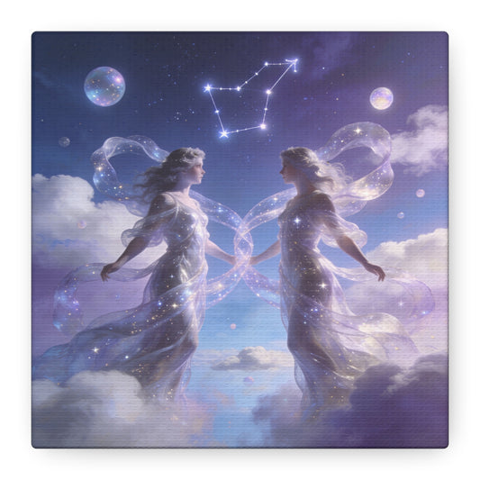 Gemini Zodiac Canvas Wall Art - Celestial Twin Women Under Constellation, Dreamy Fantasy Sky Scene - Matte Cotton Art Print - Bedroom Wall Decor, Meditation Space Accent - Bedroom Home Decoration