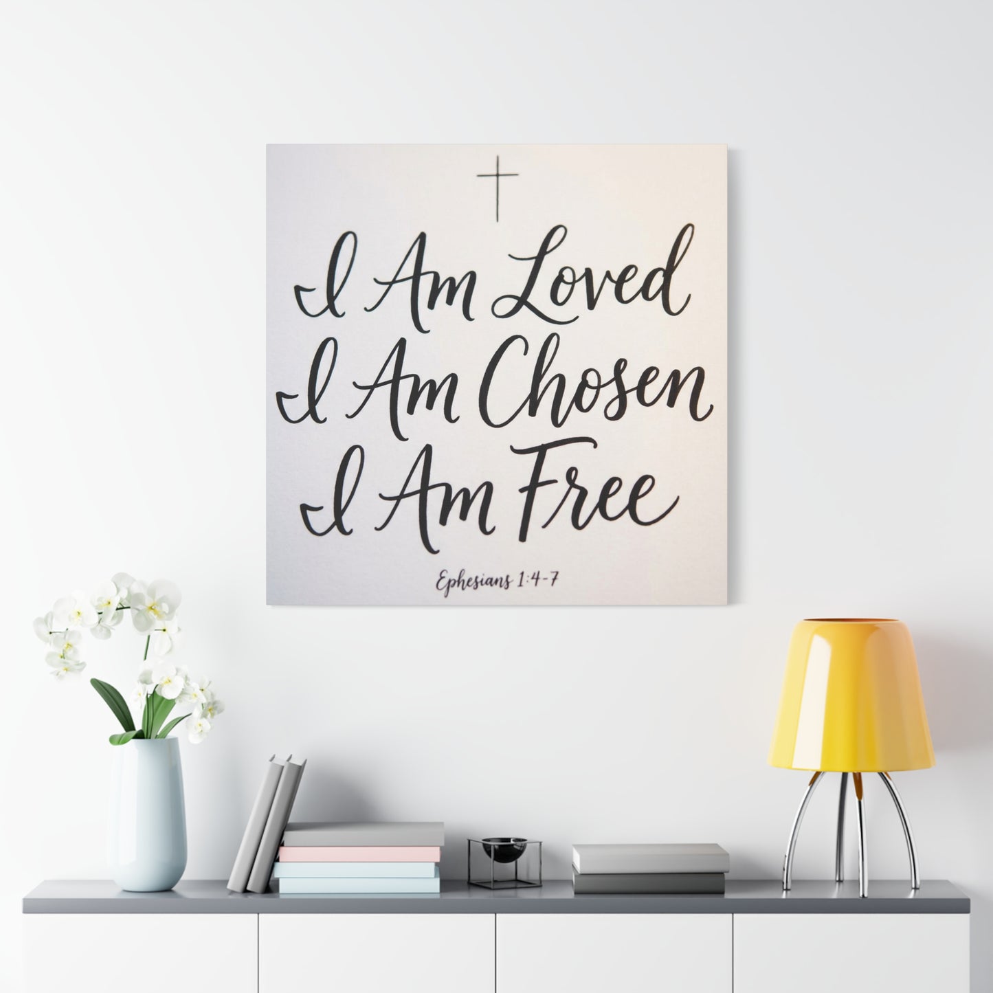 "I Am Loved, Chosen, Free" Christian Canvas Wall Art - Ephesians 1:4-7 Scripture Cross Print - Neutral Typography Decor - Bedroom Home Decoration, Living Room Wall Decor - Ready to Hang