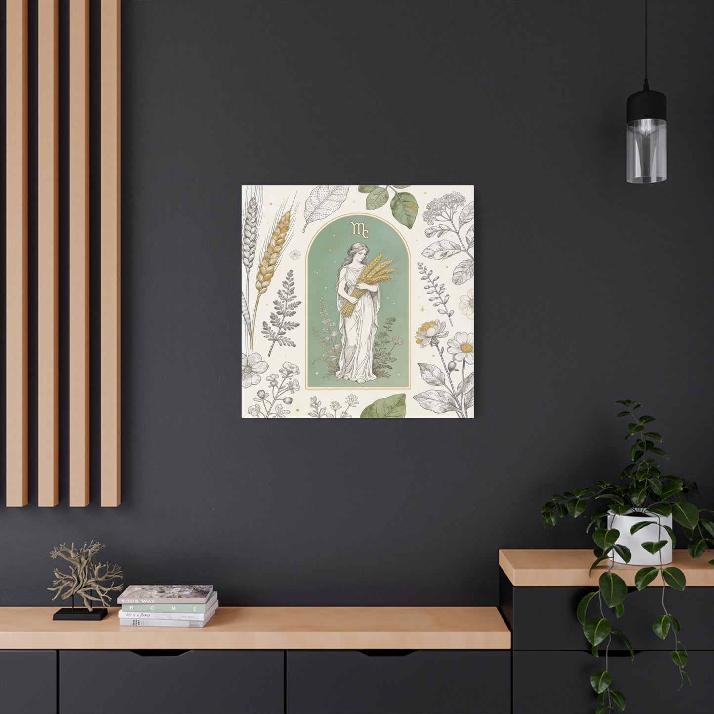 Virgo Zodiac Canvas Wall Art - Botanical Maiden Holding Wheat, Celestial Illustration - Sage Green Gold Cotton Print - Vintage Astrology Decor, Bedroom Wall Hanging Accent - Bedroom Home Decoration