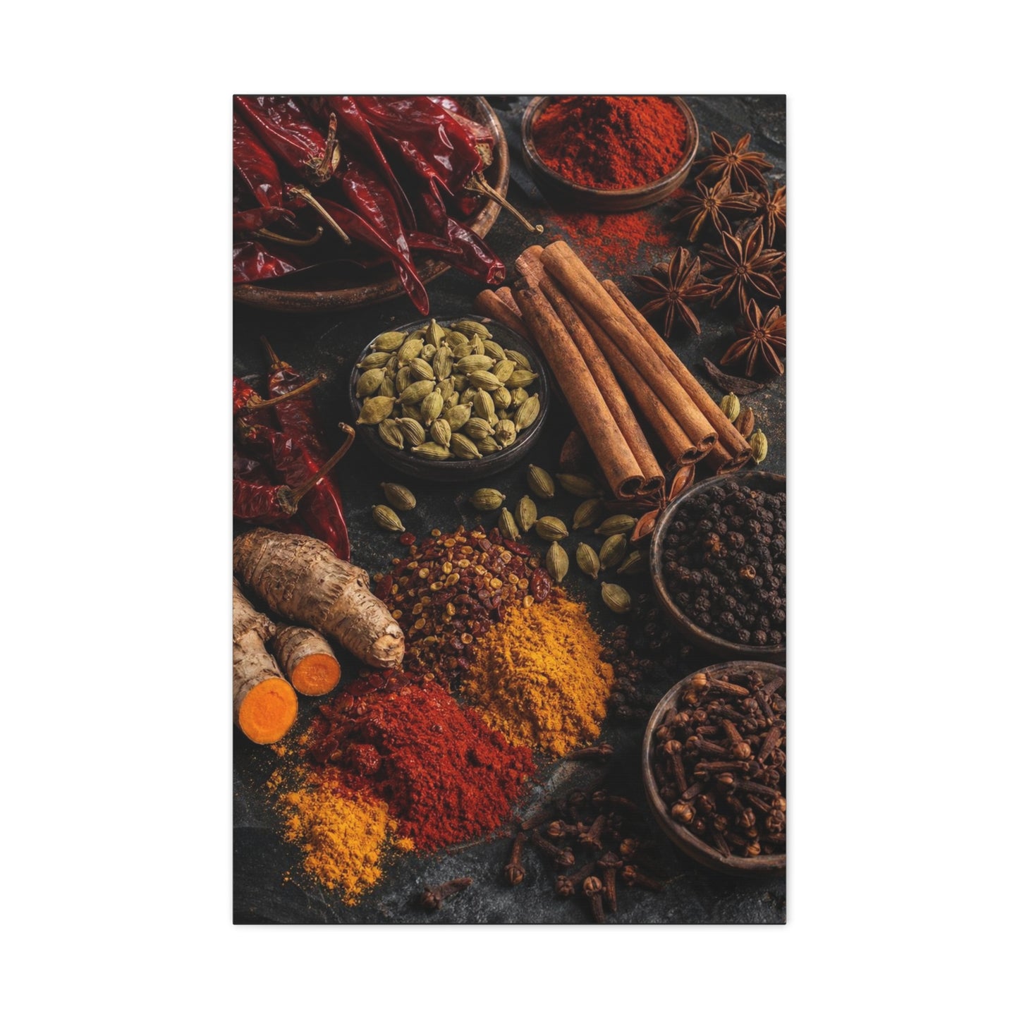 Spice Still Life Canvas Wall Art - Dried Chili Peppers, Cinnamon, Turmeric, Star Anise - Rustic Food Art Print - Kitchen Wall Decor, Dining Room Accent, Vintage Style - Bedroom Home Decoration