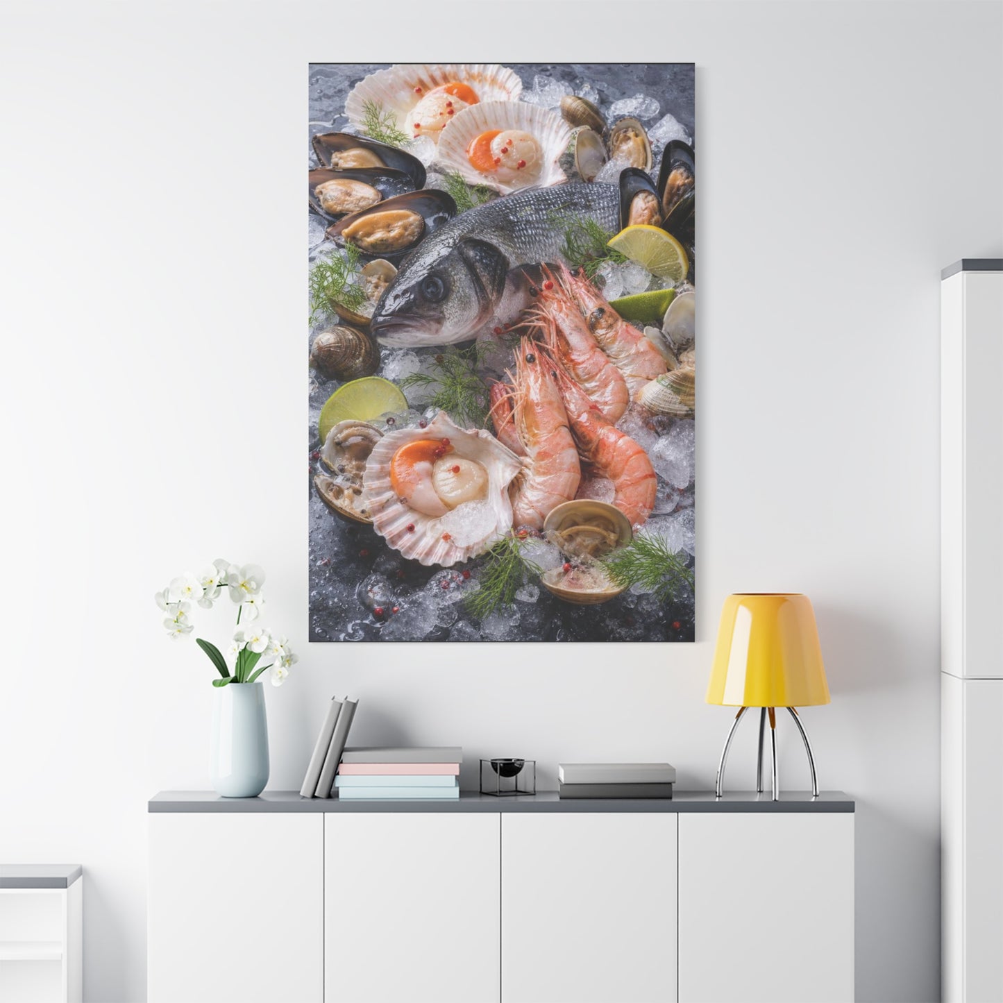 Seafood Still Life Canvas Wall Art - Fish, Shrimp, Scallops On Ice Food Print - Coastal Kitchen Decor, Dining Room Wall Decor, Contemporary Home Decoration, Matte Canvas Print - Modern Farmhouse Style