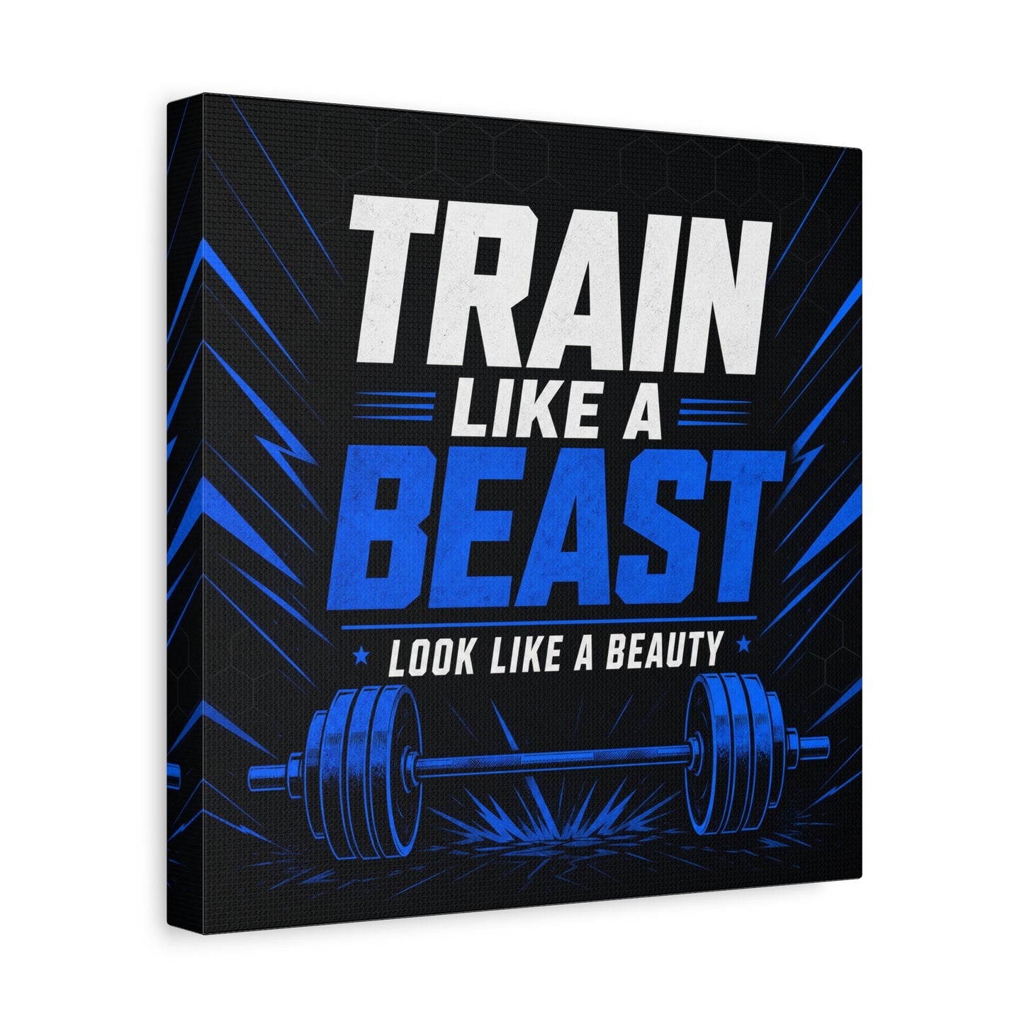 "Train Like A Beast Look Like A Beauty" Gym Canvas Wall Art - Blue Black Barbell Typography Motivational Fitness Decor - Modern Sports Quote Print - Ready to Hang - Living Room Wall Decor