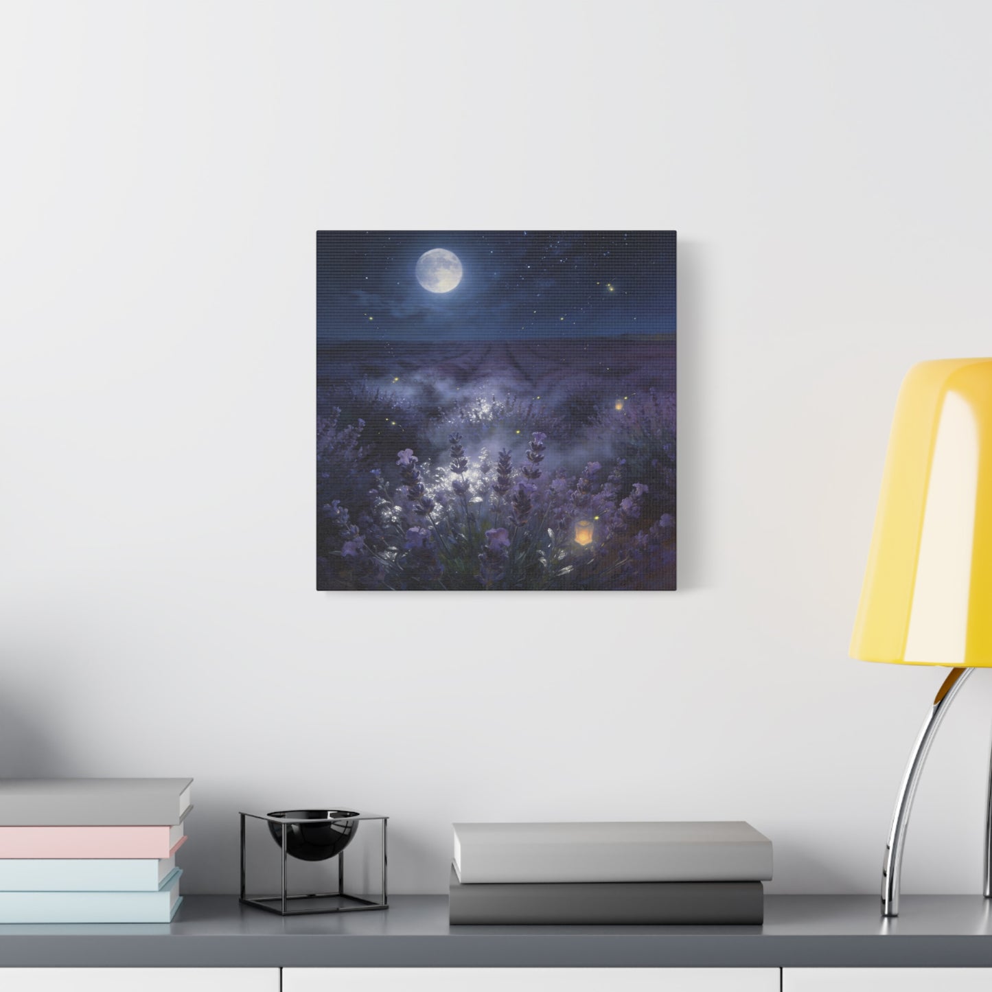 Moonlit Lavender Field Canvas Wall Art - Firefly Night Landscape, capiz shells wall decor - Matte Cotton Art Print, Calming Traditional Style - Bedroom Home Decoration, Office Wall Art - Ready to Hang