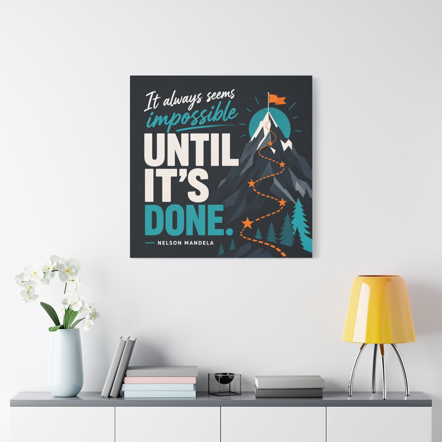 "It Always Seems Impossible Until It's Done" Motivational Canvas Wall Art - Mountain Quote Print, Teal And Orange Typography Decor - Modern Inspirational Living Room Office Wall Decor - Ready to Hang