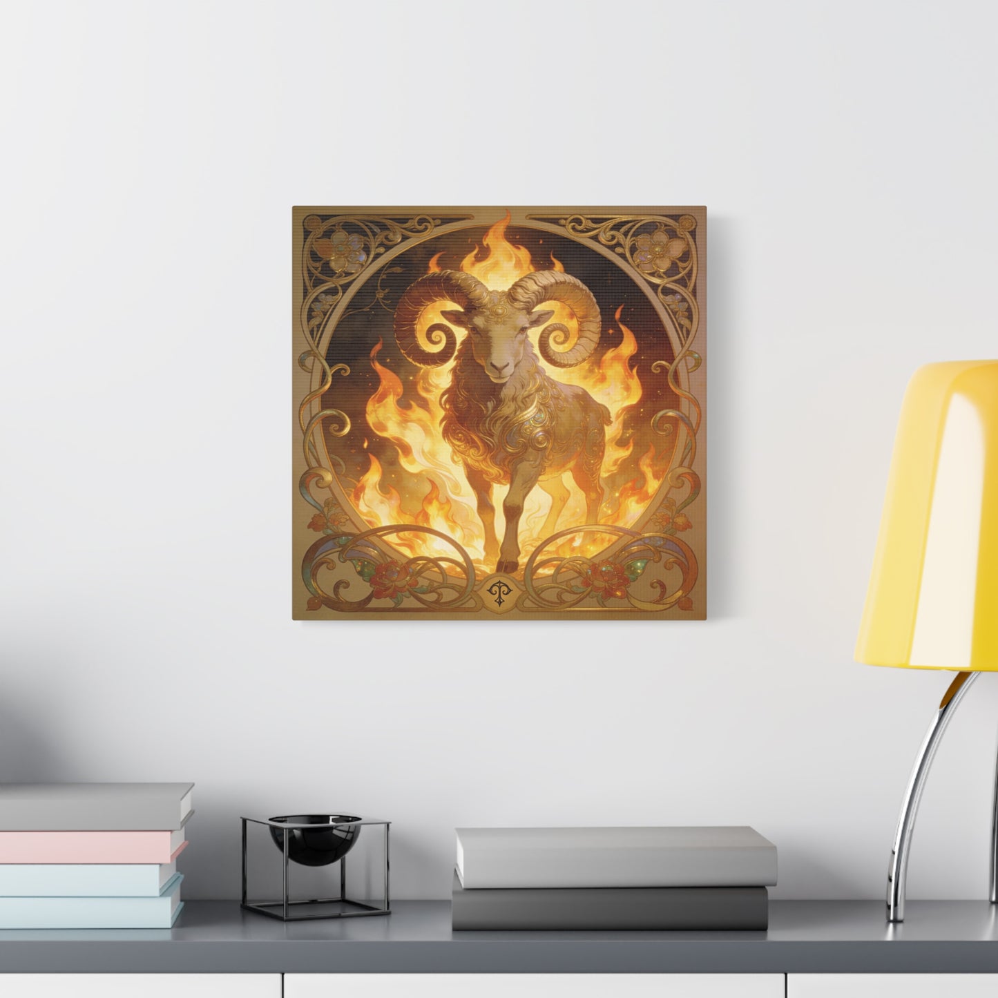 Aries Ram Canvas Wall Art - Fiery Zodiac Illustration, Ornate Gold Nouveau Design - Matte Cotton Art Print - Bohemian Astrology Decor, Bedroom Home Decoration, Office Wall Art - Modern Farmhouse Style