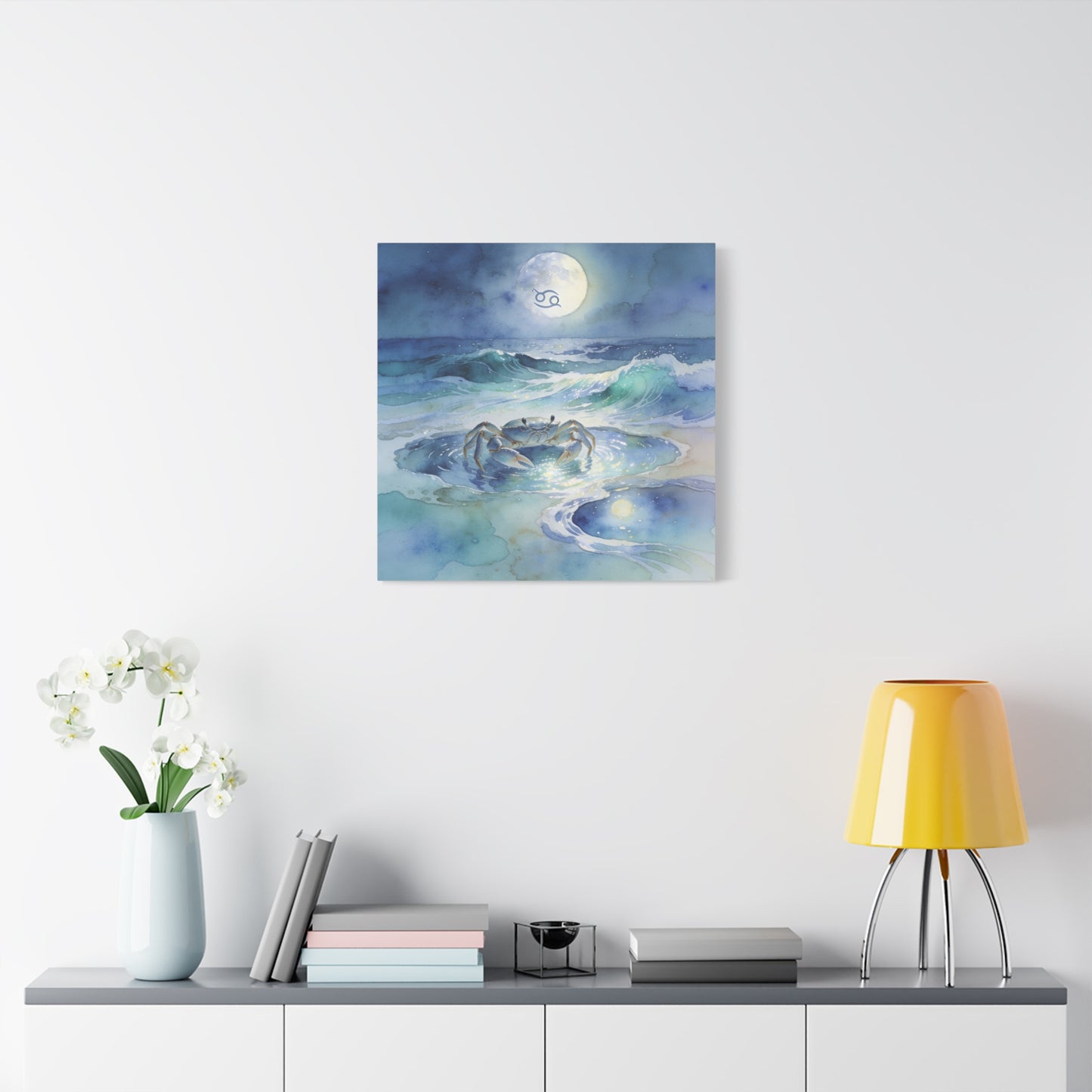 Cancer Zodiac Canvas Wall Art - Moonlit Ocean Crab Watercolor Print, Coastal Astrology Decor - Serene Blue Seascape - Bedroom Wall Decor, Meditation Space Accent, Bohemian Style - Ready to Hang