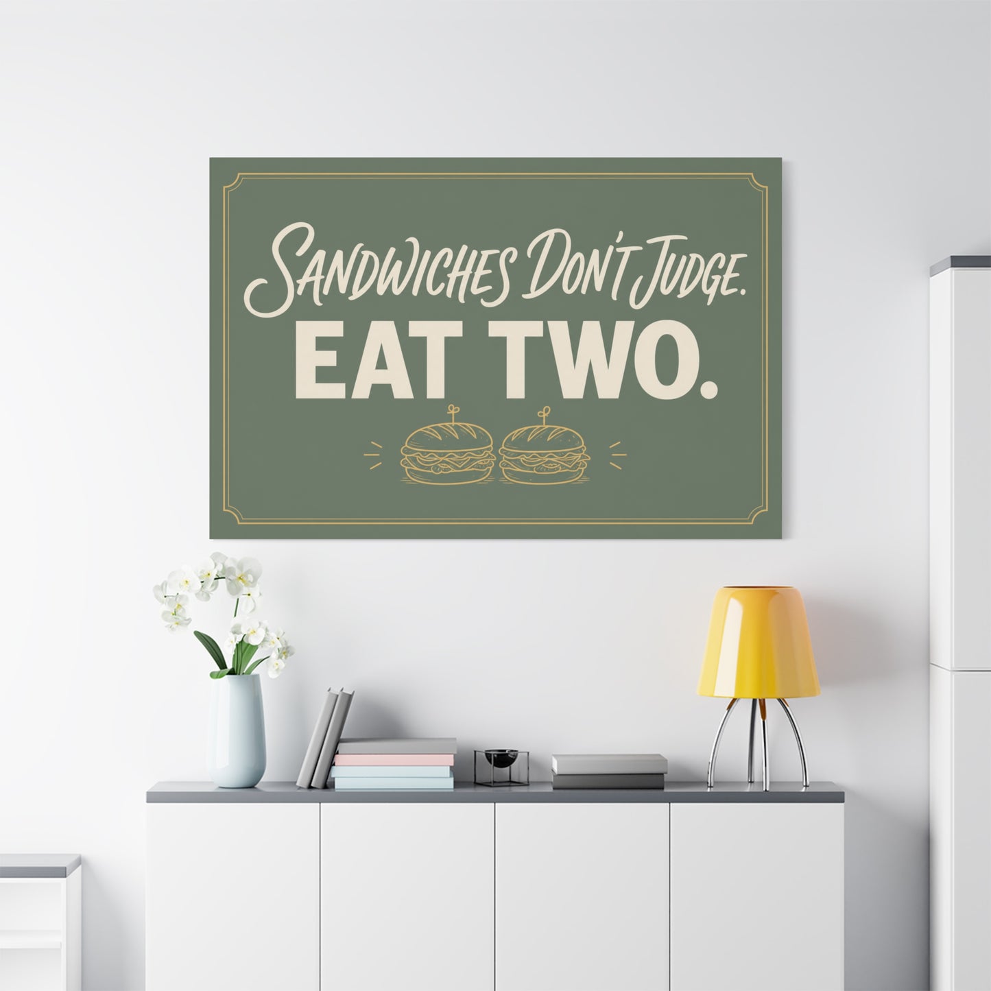 "Sandwiches Don't Judge. Eat Two." Funny Canvas Wall Art - Retro Typography Food Quote Print, Sage Green - Modern Farmhouse Style - Deli Wall Decor - Sandwich Shop Sign - Diner Decor - Ready to Hang