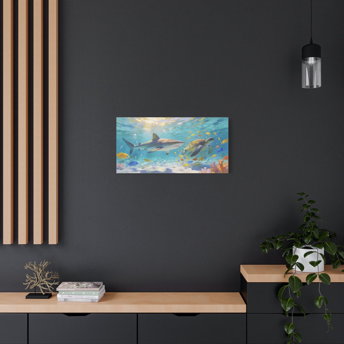 Shark Sea Turtle Canvas Wall Art - Tropical Underwater Ocean Scene, Colorful Fish Coral Reef - Matte Coastal Style - Living Room Wall Decor, Bedroom Home Decoration - Bedroom Home Decoration