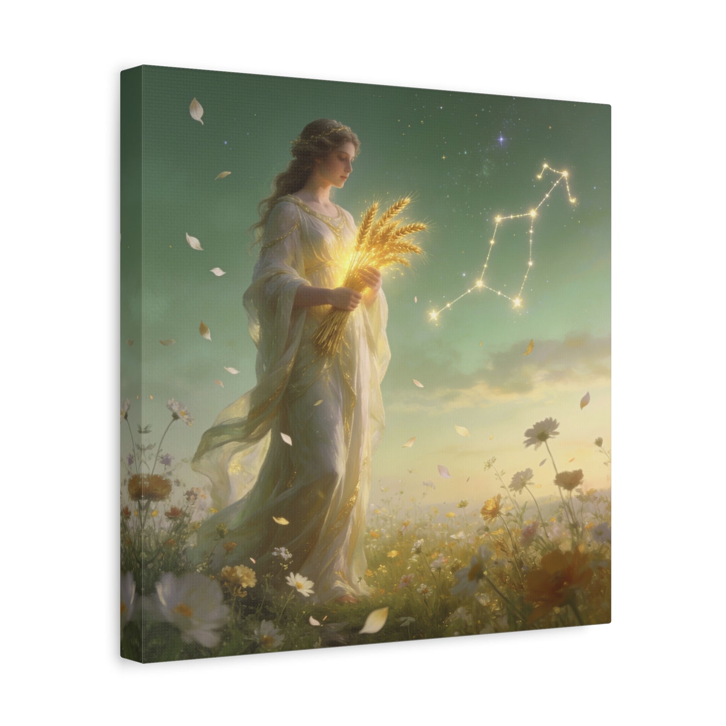 Virgo Maiden Canvas Wall Art - Celestial Wheat Goddess Illustration, Luminous Zodiac Sky, Matte Cotton Print, Bohemian Bedroom Decor, Meditation Space Accent, Ready To Hang - Living Room Wall Decor