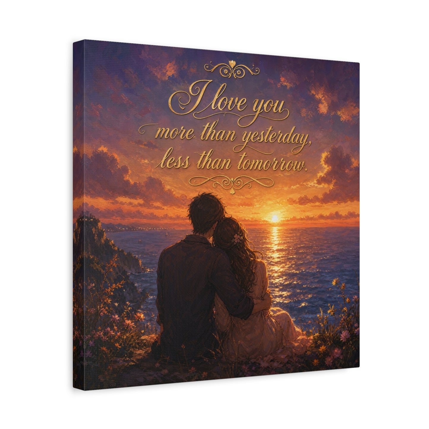 "I Love You More Than Yesterday, Less Than Tomorrow." Love Quote Canvas Wall Art - Romantic Sunset Ocean Couple Silhouette - Gold Script Seascape - Bedroom Wall Decor - Ready to Hang - Ready to Hang