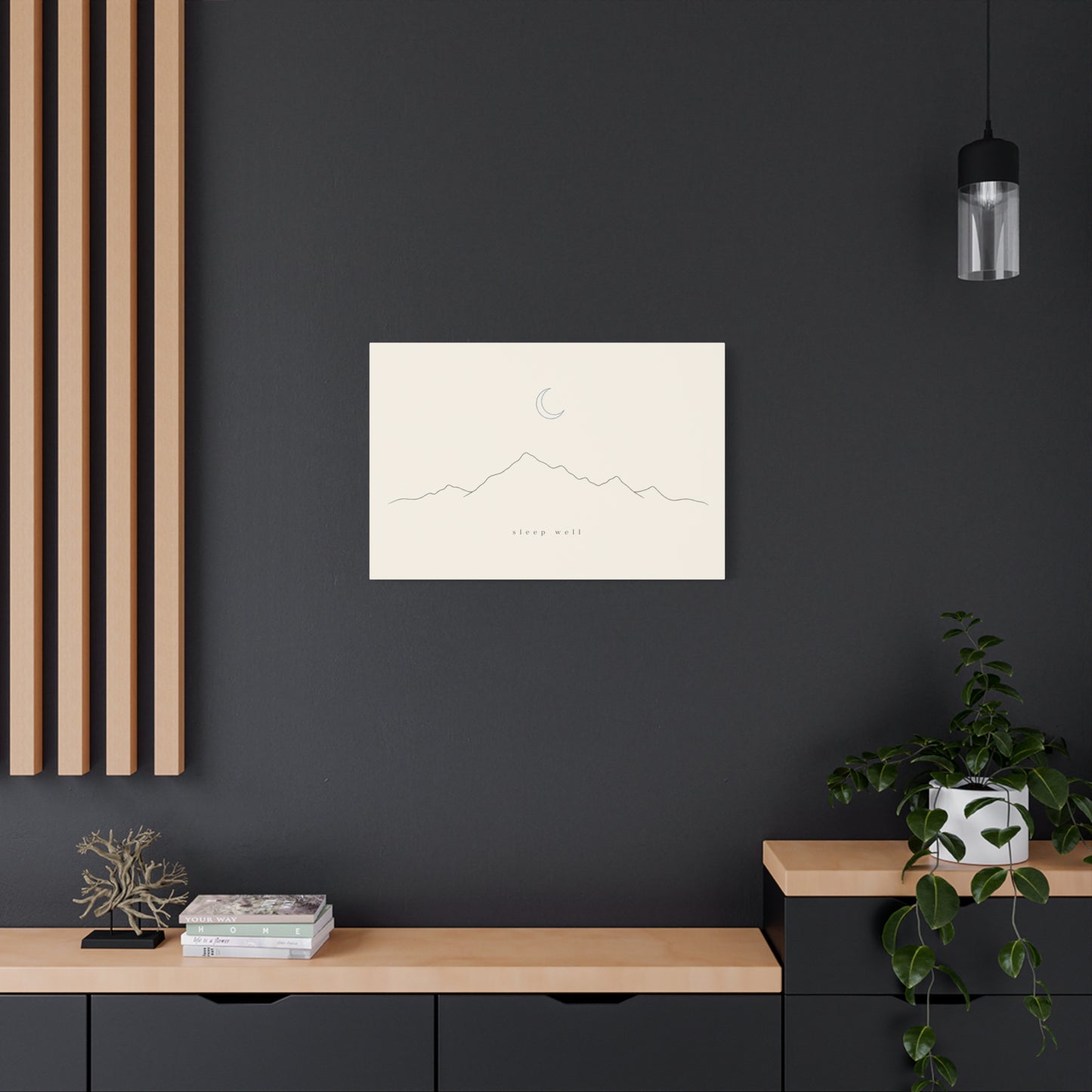"Sleep Well" Minimalist Mountain Canvas Wall Art - Crescent Moon Line Drawing, Neutral Beige Canvas Print - Modern Bedroom Wall Decor, Nursery Home Decoration, Meditation Space - Ready to Hang