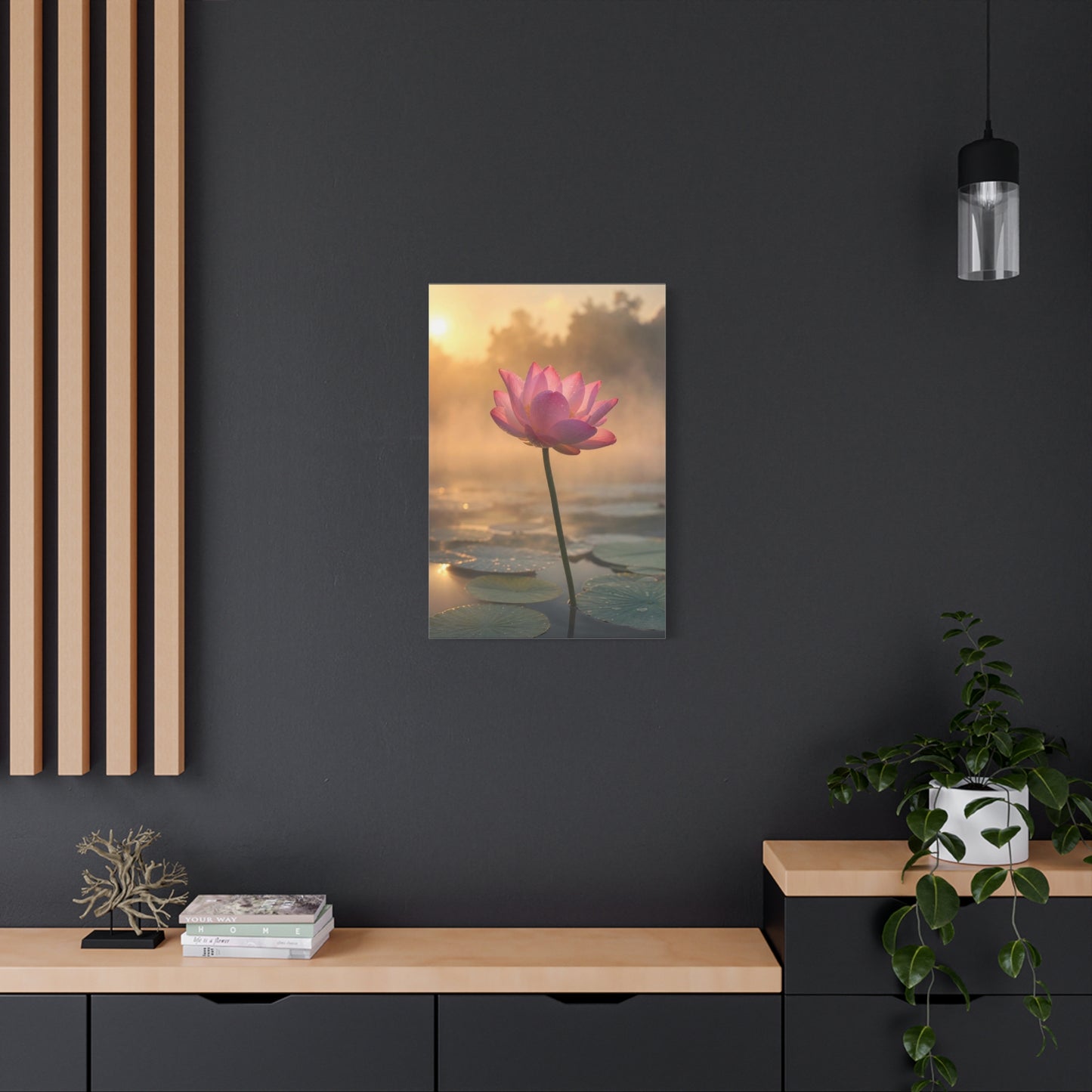 Pink Lotus Canvas Wall Art - Serene Water Lily Sunrise Floral Print - Soft Golden Light, Matte Canvas Print - Bedroom Wall Decor, Bathroom Home Decoration, Zen Meditation Space - Cozy Reading Nook Art
