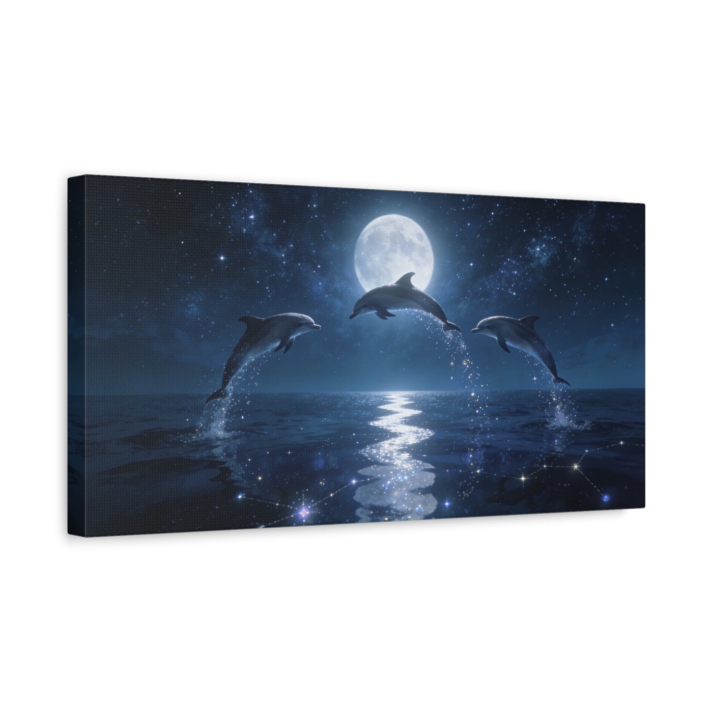 Moonlit Dolphin Canvas Wall Art - Starry Ocean Night Seascape Print - Celestial Blue Marine Decor, Matte Cotton Artwork - Bedroom Wall Decor, Living Room Home Decoration - Bedroom Home Decoration