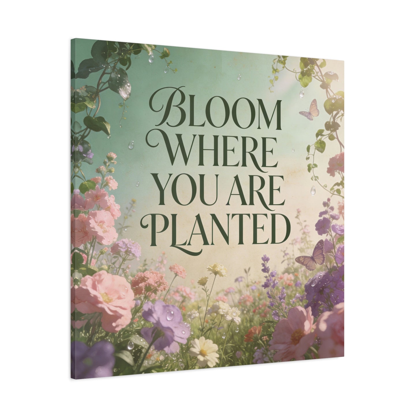 "Bloom Where You Are Planted" Inspirational Canvas Wall Art - Floral Butterfly Quote Print, Pastel Garden Typography Decor, Modern Farmhouse Style, Bedroom Home Decoration - Living Room Wall Decor