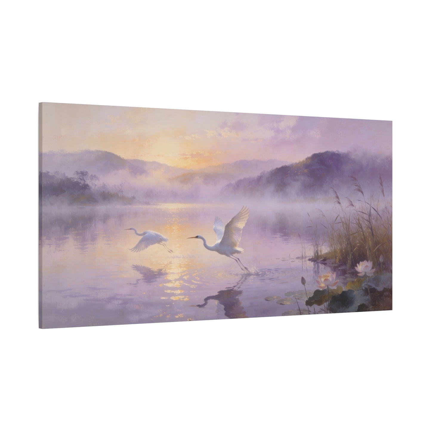White Egret Canvas Wall Art - Misty Lake Sunrise Birds, Lotus Water Scene - Serene Impressionist Canvas Print - Bedroom Wall Decor, Living Room Home Decoration - Bedroom Home Decoration
