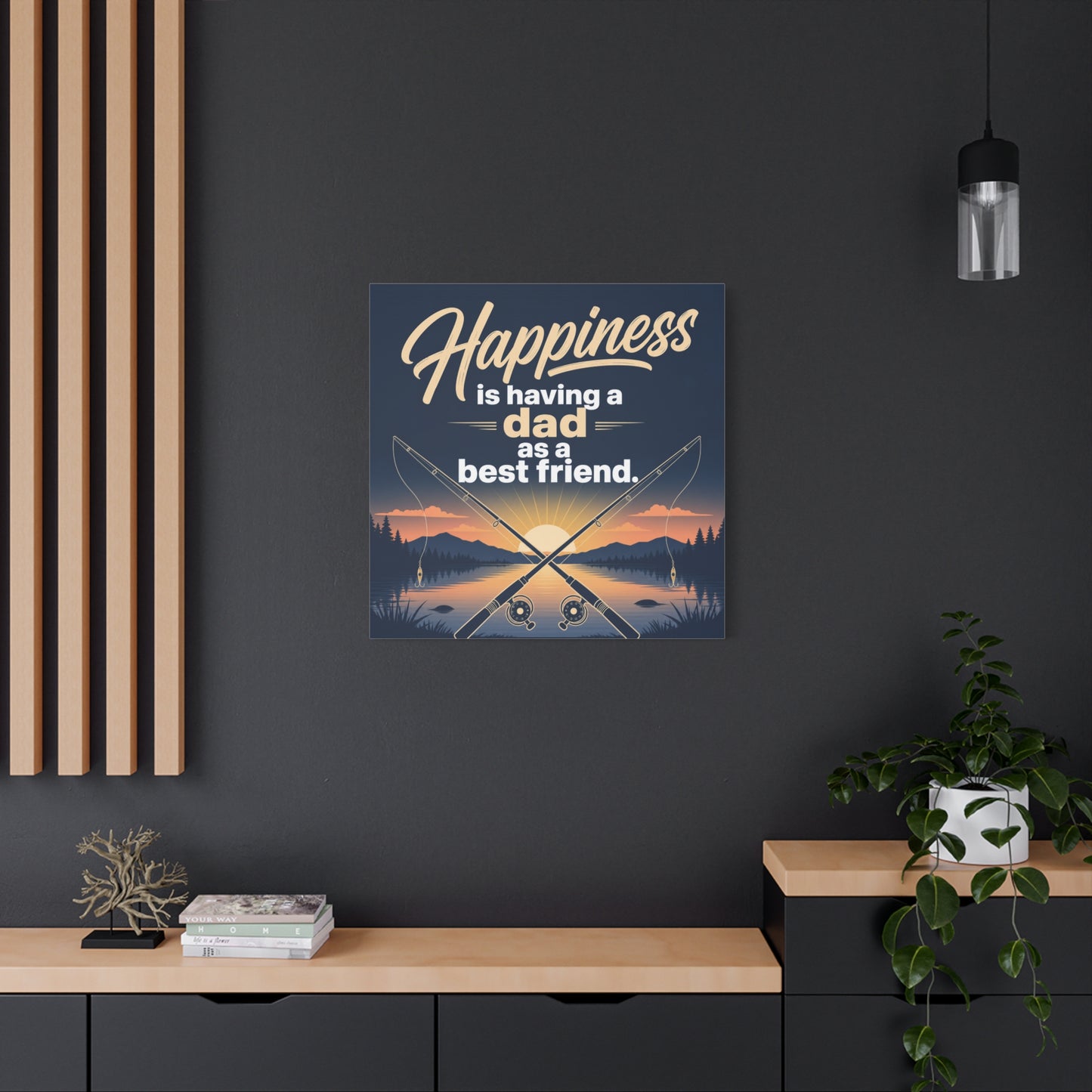 "Happiness Is Having A Dad As A Friend" Fishing Canvas Wall Art - Sunset Lake Quote Print - Rustic Typography Decor - Bedroom Home Decoration - Bedroom Home Decoration - Living Room Wall Decor