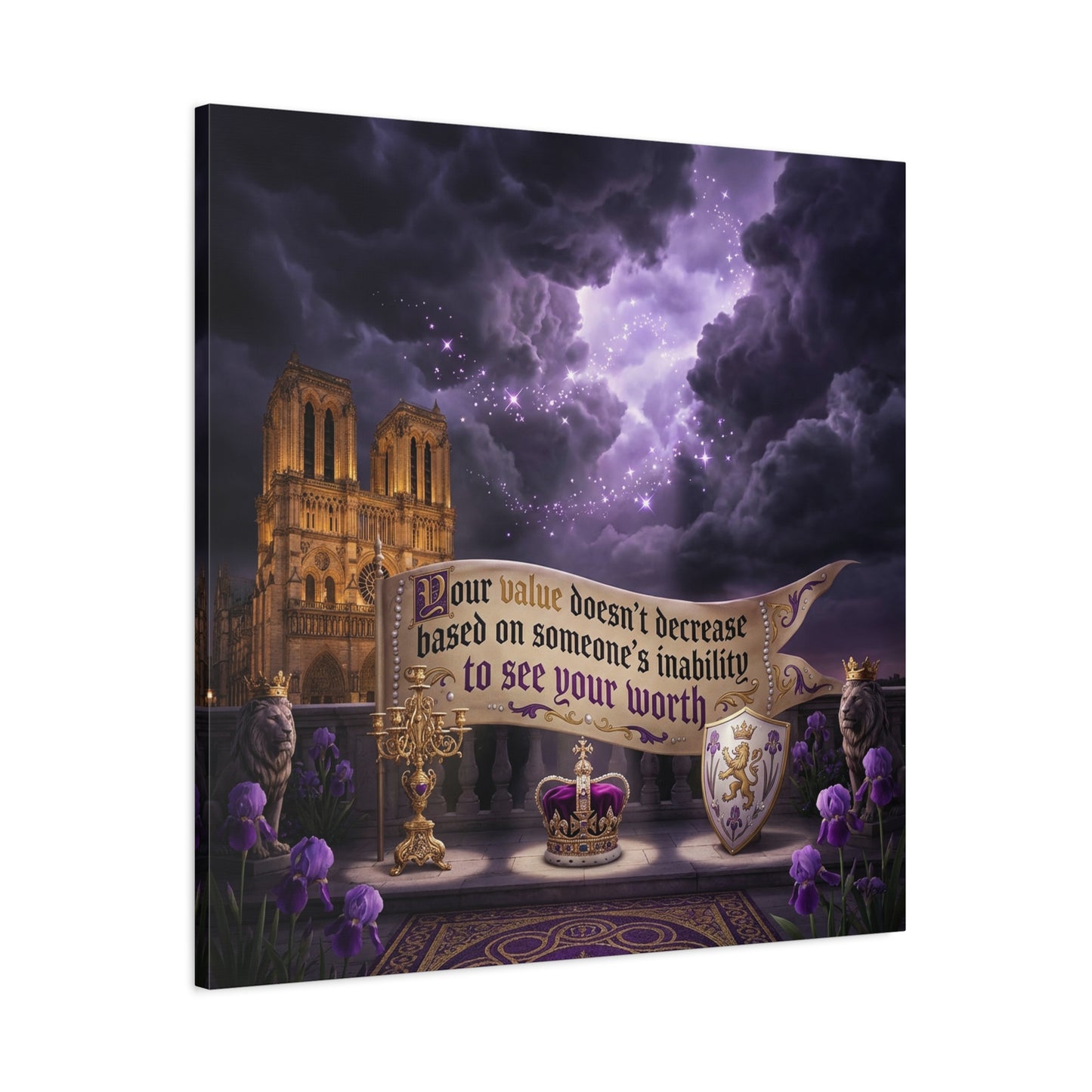 "Your Value Doesn't Decrease Based On Someone's Inability To See Your Worth" Canvas Wall Art - Gothic Cathedral, Purple Sky, Crown And Lions - Inspirational Home Decor - Living Room Bedroom