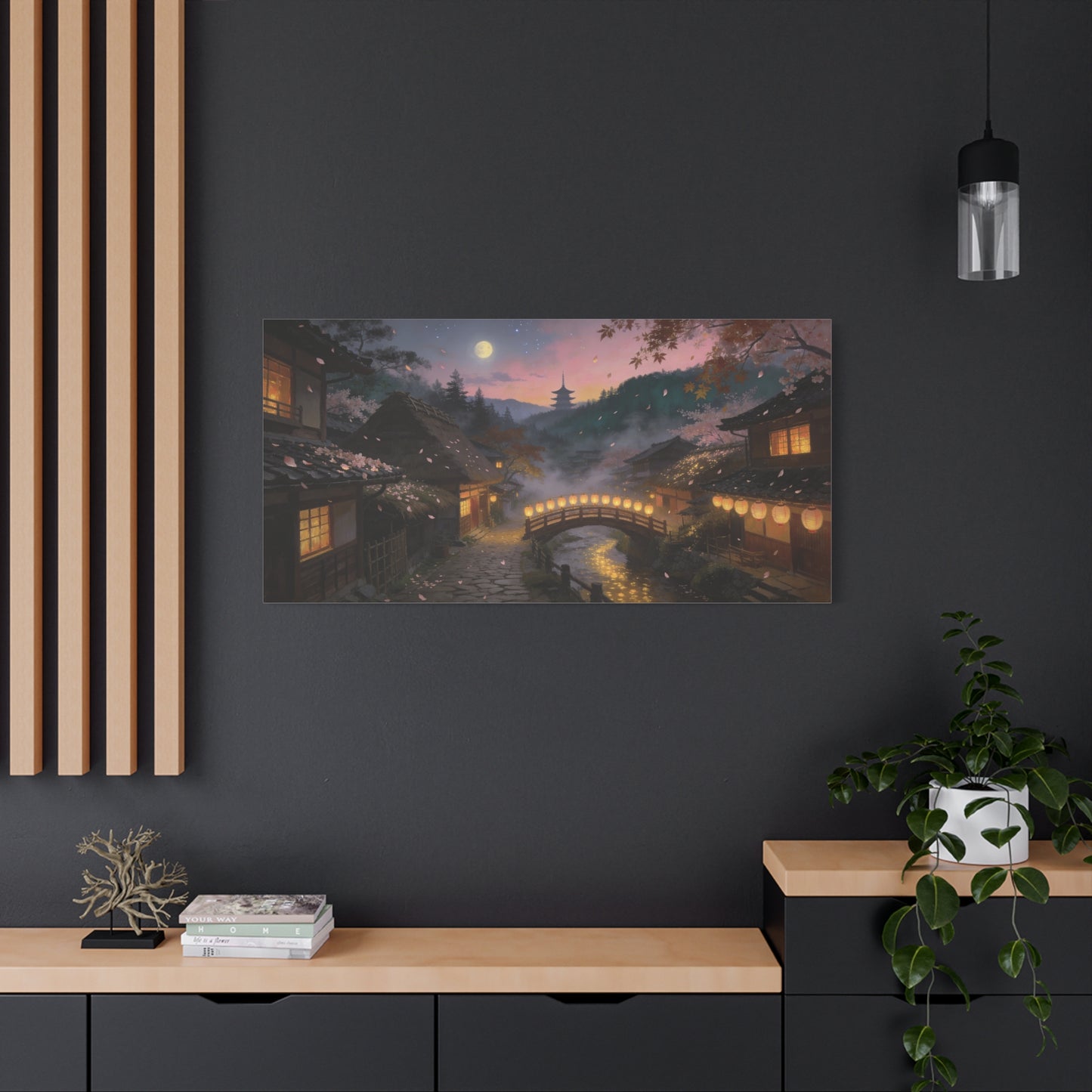 Japanese Village Moonlit Canvas Wall Art - Lantern Bridge, Cherry Blossom Petals, Pagoda Landscape - Matte Cotton Print - Traditional Style, Living Room Wall Decor, Bedroom Decoration - Ready to Hang