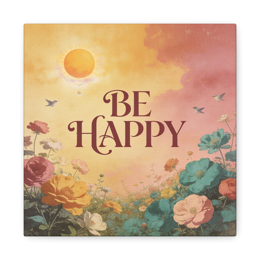 "Be Happy" Inspirational Canvas Wall Art - Floral Sun, Birds, Vintage Typography - Bohemian Matte Canvas Print - Bedroom Home Decoration, Living Room Wall Decor, Office Art - Bedroom Home Decoration