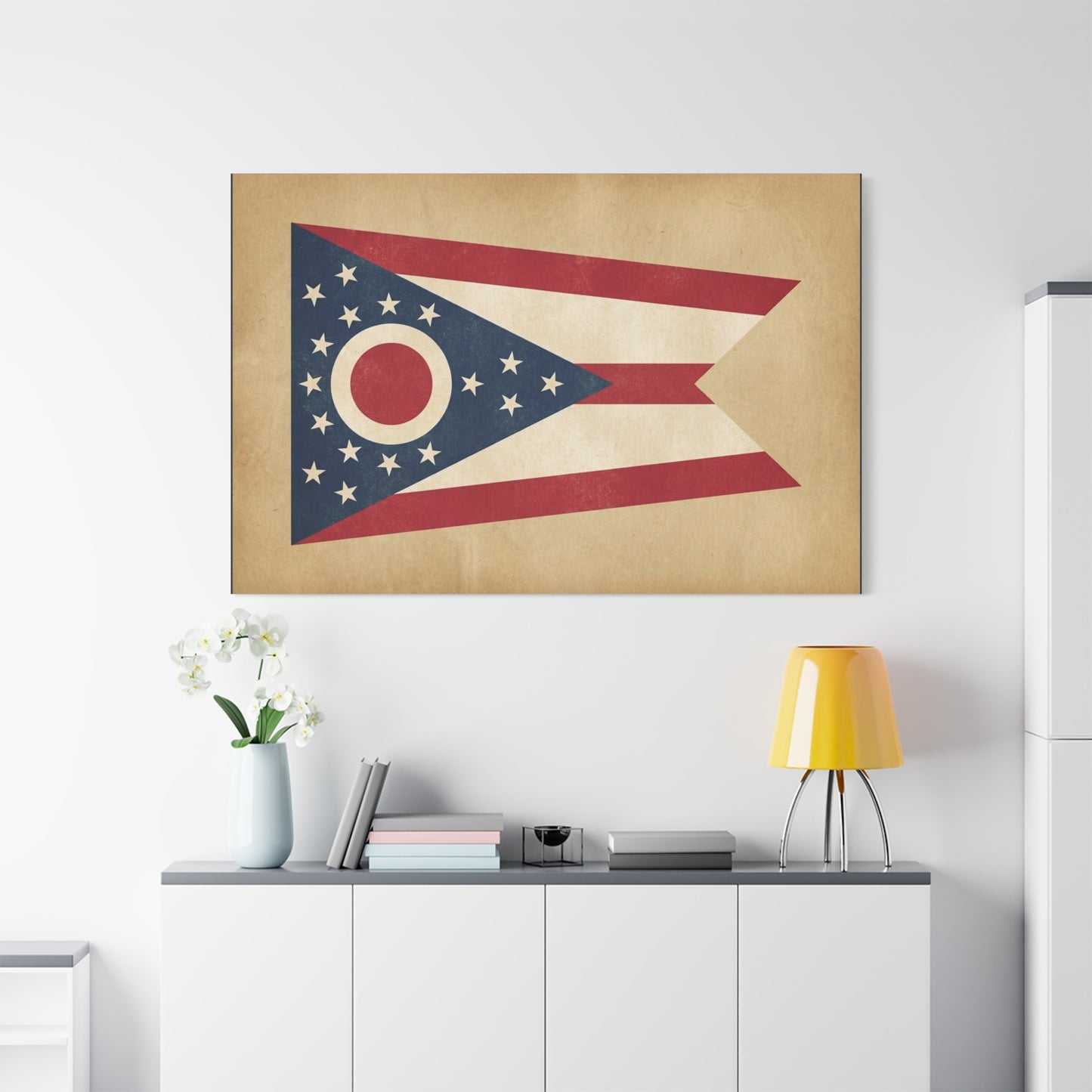 Ohio State Flag Canvas Wall Art - Vintage Buckeye Banner Print, Patriotic Red White Blue Decor - Rustic Americana Style - Living Room Home Decoration - Living Room Wall Decor - Bedroom Home Decoration