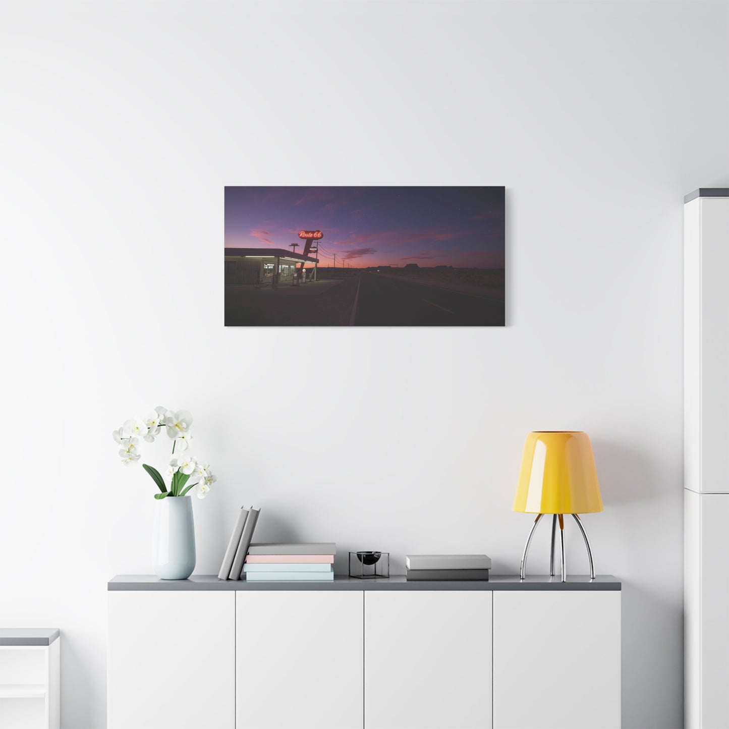 "Route 66" Desert Gas Station Canvas Wall Art - Twilight Roadside Art Print - Purple Pink Sunset Sky, Retro Americana Style - Living Room Wall Decor, Office Art - Bedroom Home Decoration