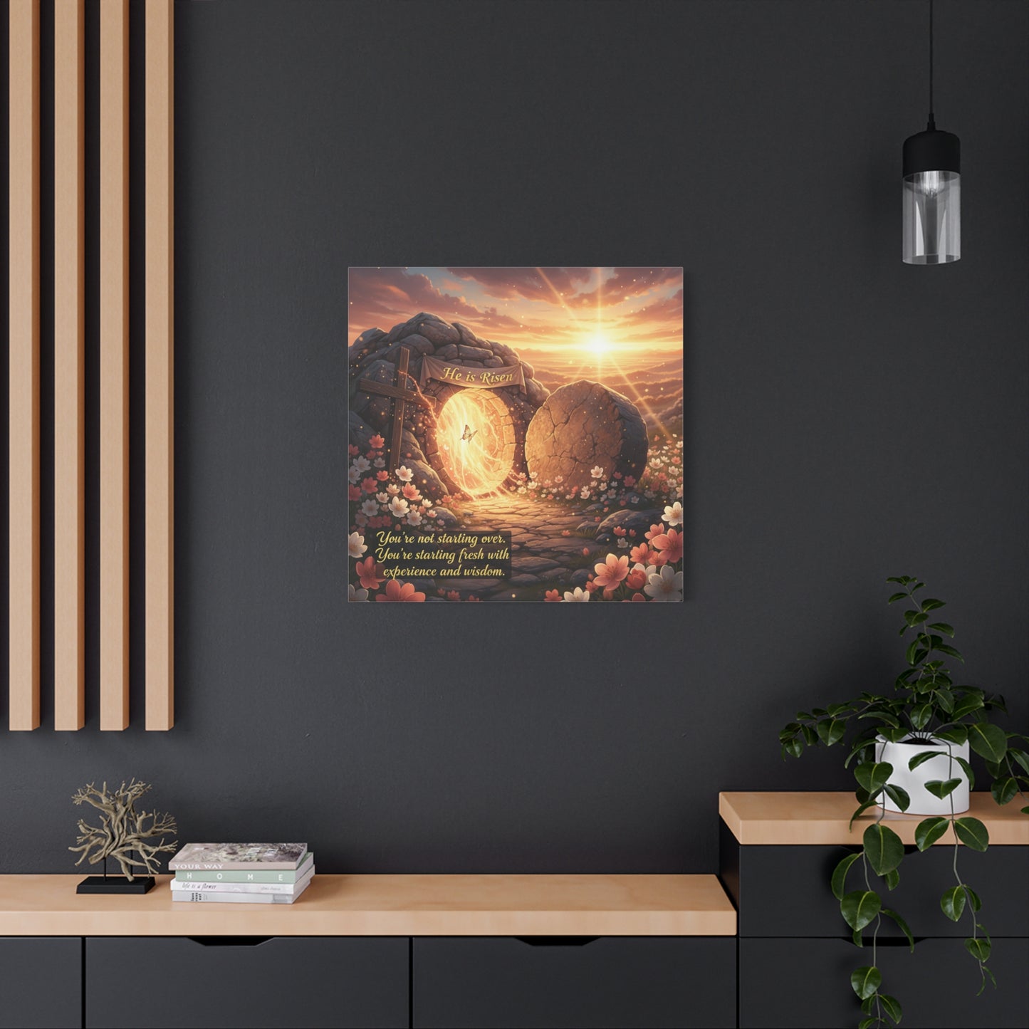 "He Is Risen" Christian Canvas Wall Art - Empty Tomb Cross Sunrise Scripture Print - Floral Faith Home Decoration - Modern Farmhouse Style