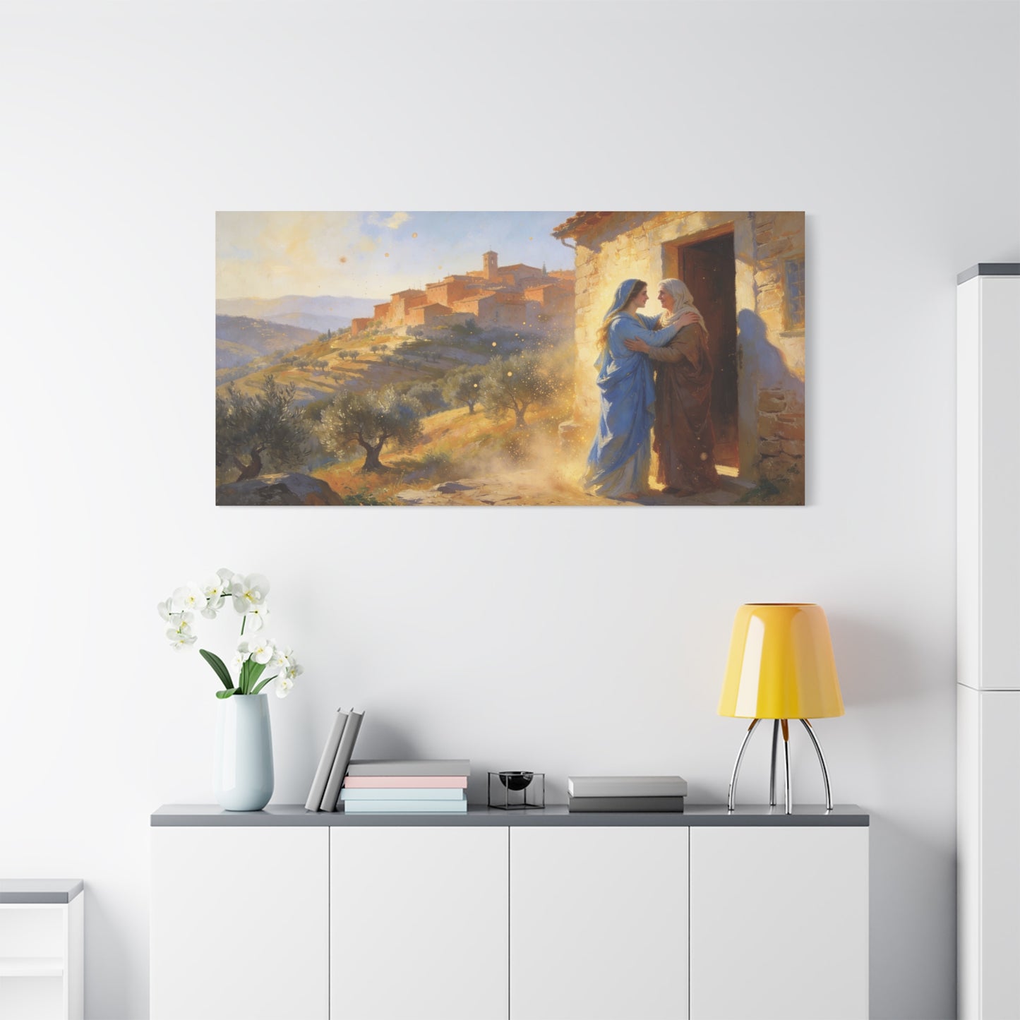Virgin Mary Visitation Canvas Wall Art - Religious Biblical Village Scene, Golden Light Painting - Christian Home Decor, Traditional Style - Living Room Wall Decor Bedroom Decoration - Ready to Hang