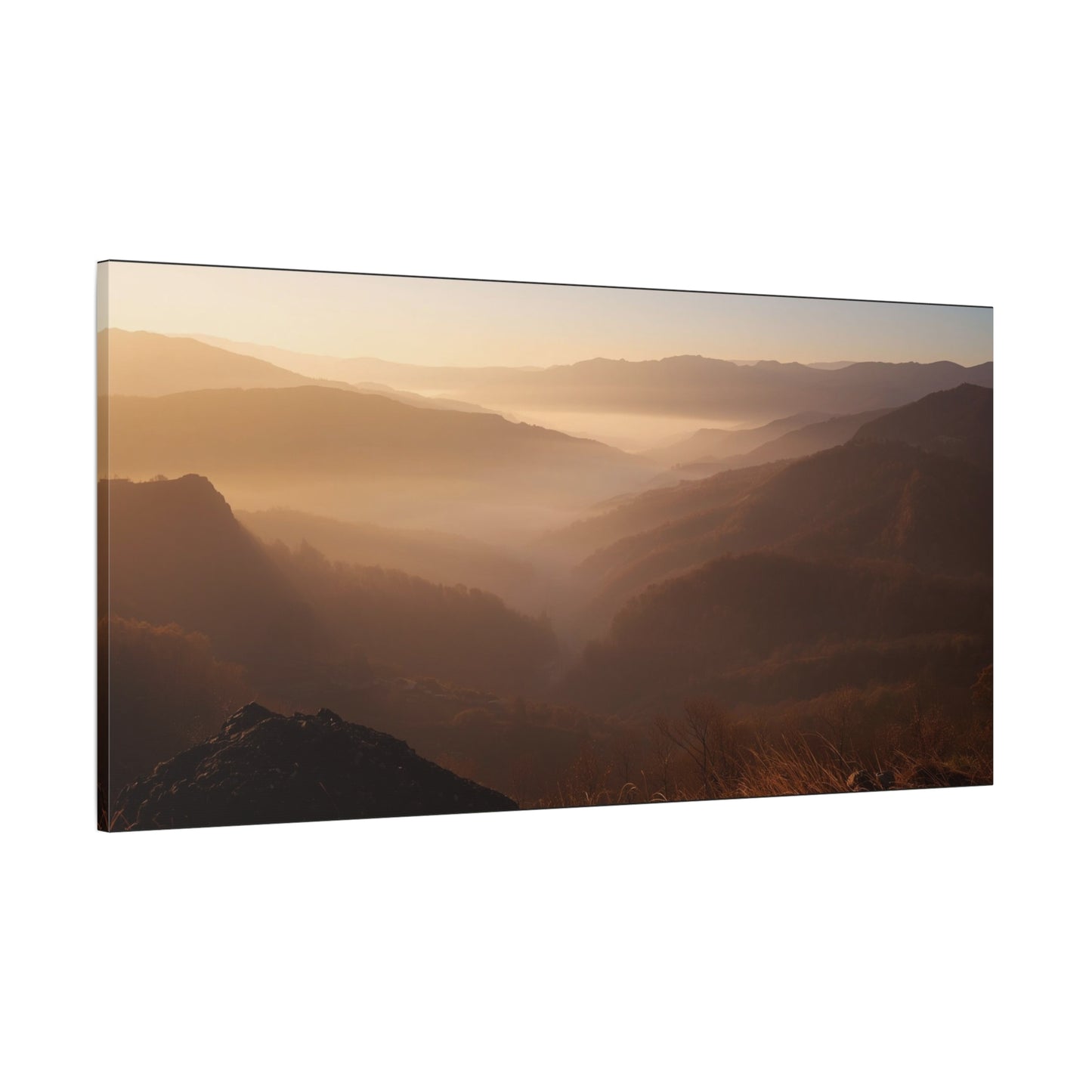 Golden Mist Mountain Valley Canvas Wall Art - Serene Landscape Art Print, Warm Dawn Light - Minimalist Nature Decor - Living Room Wall Decor, Bedroom Home Decoration - Bedroom Home Decoration