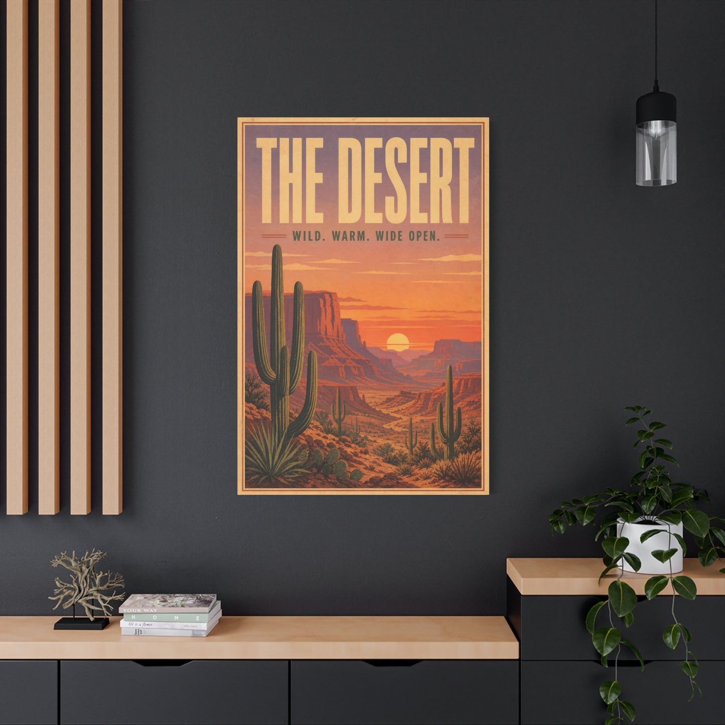 "The Desert" Wild. Warm. Wide Open. Desert Canvas Wall Art - Vintage Saguaro Sunset Canyon Landscape Print - Southwestern Wall Decor - Living Room Home Decoration, Office Accent - Ready to Hang