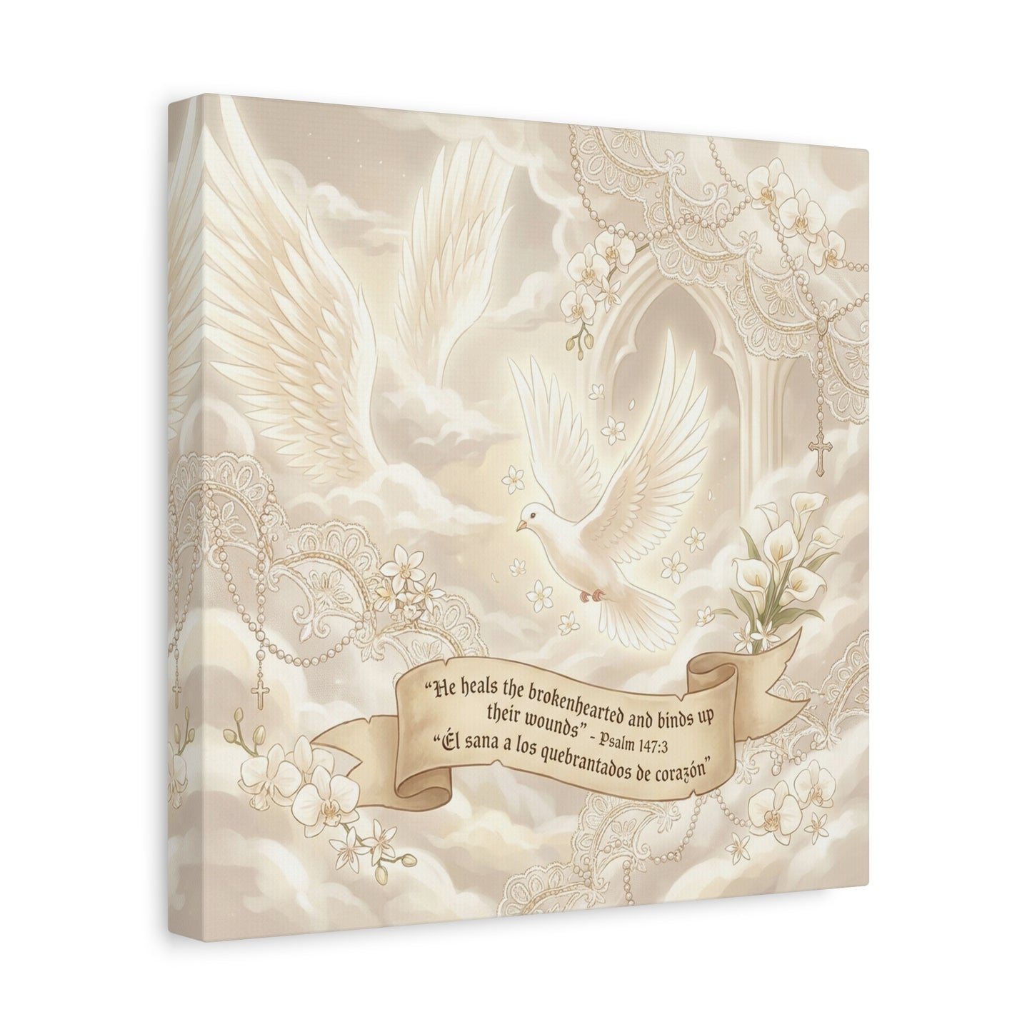 "He Heals The Brokenhearted And Binds Up Their Wounds" Canvas Wall Art - Dove, Cross, Psalm 147:3 Scripture Print - Beige Floral Christian Decor - Bedroom Living Room Home Decoration - Office Wall Art