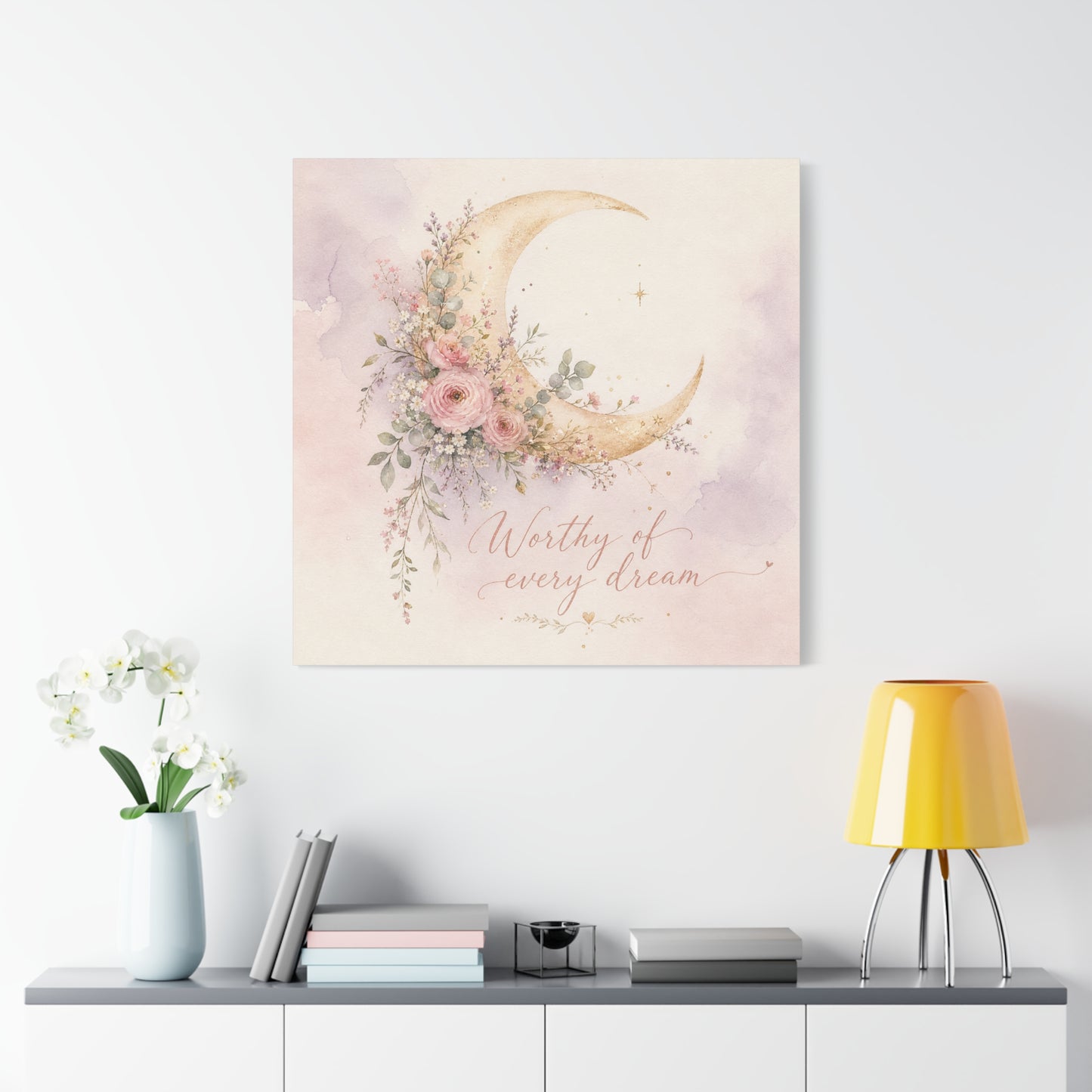 "Worthy Of Every Dream" Moon Canvas Wall Art - Floral Crescent, Inspirational Blush Gold Watercolor - Bohemian Bedroom Wall Decor - Nursery Home Decoration - Bedroom Home Decoration - Ready to Hang