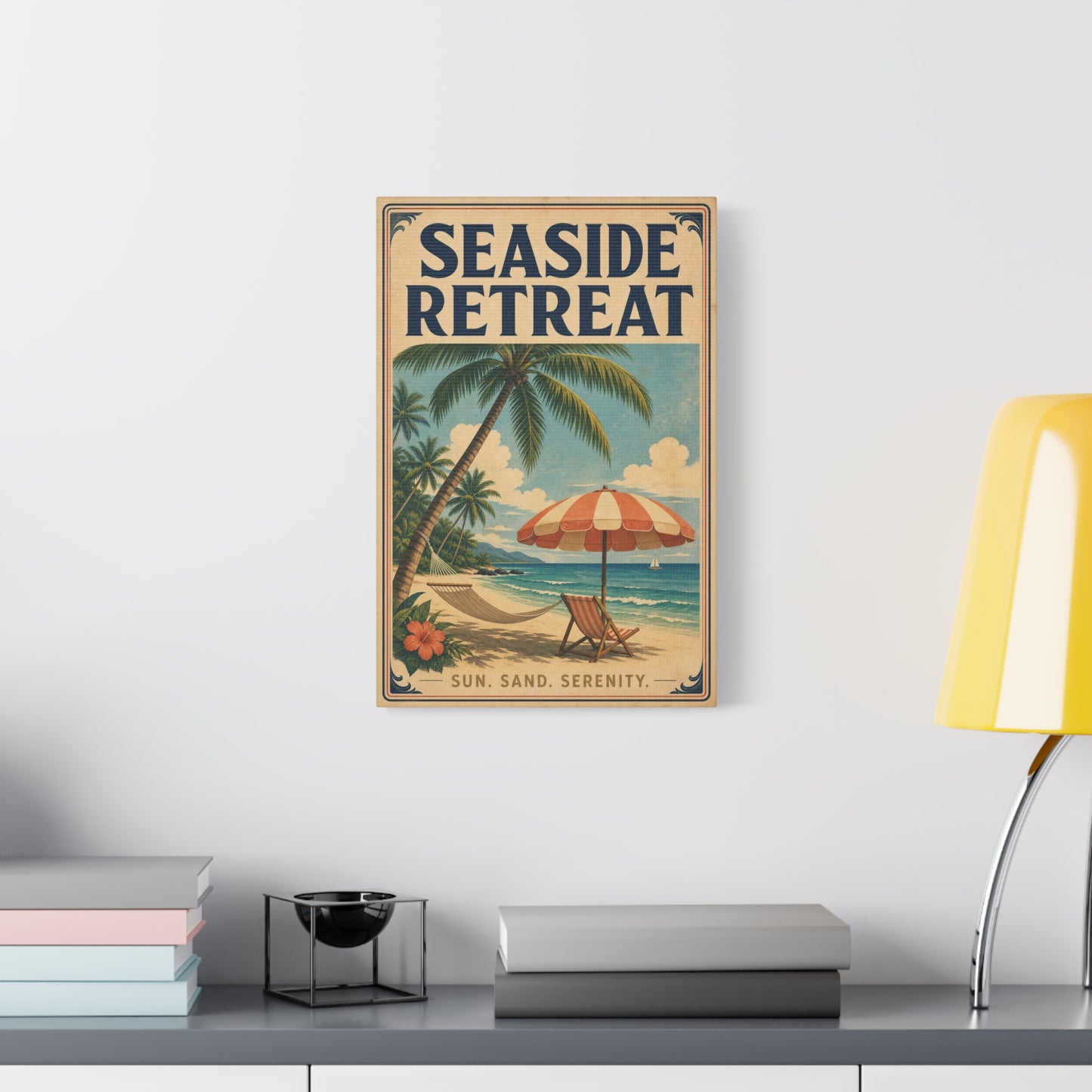 "Seaside Retreat" Tropical Beach Canvas Wall Art - Vintage Coastal Palm Tree Hammock Poster Print, Sun Sand Serenity Typography, Retro Ocean Decor For Bedroom Living Room - Living Room Wall Decor