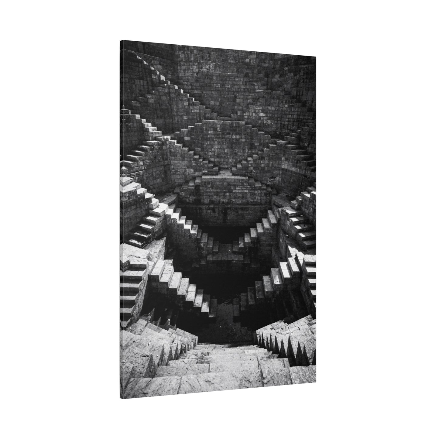 Black And White Stepwell Canvas Wall Art - Architectural Staircase Art Print, Moody Monochrome Stone Geometry - Contemporary Wall Decor For Living Room, Office, Entryway - Ready to Hang