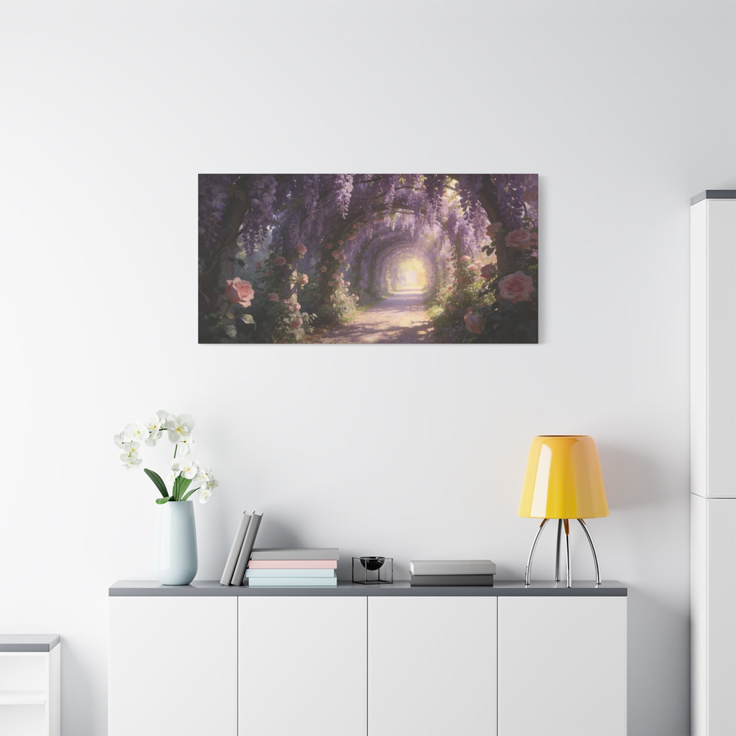 Wisteria Rose Garden Path Canvas Wall Art - Dreamy Floral Tunnel, Luminous Painterly Scene - Gallery Wrapped Cotton Print - Bedroom Wall Decor, Bohemian Home Accent - Bedroom Home Decoration