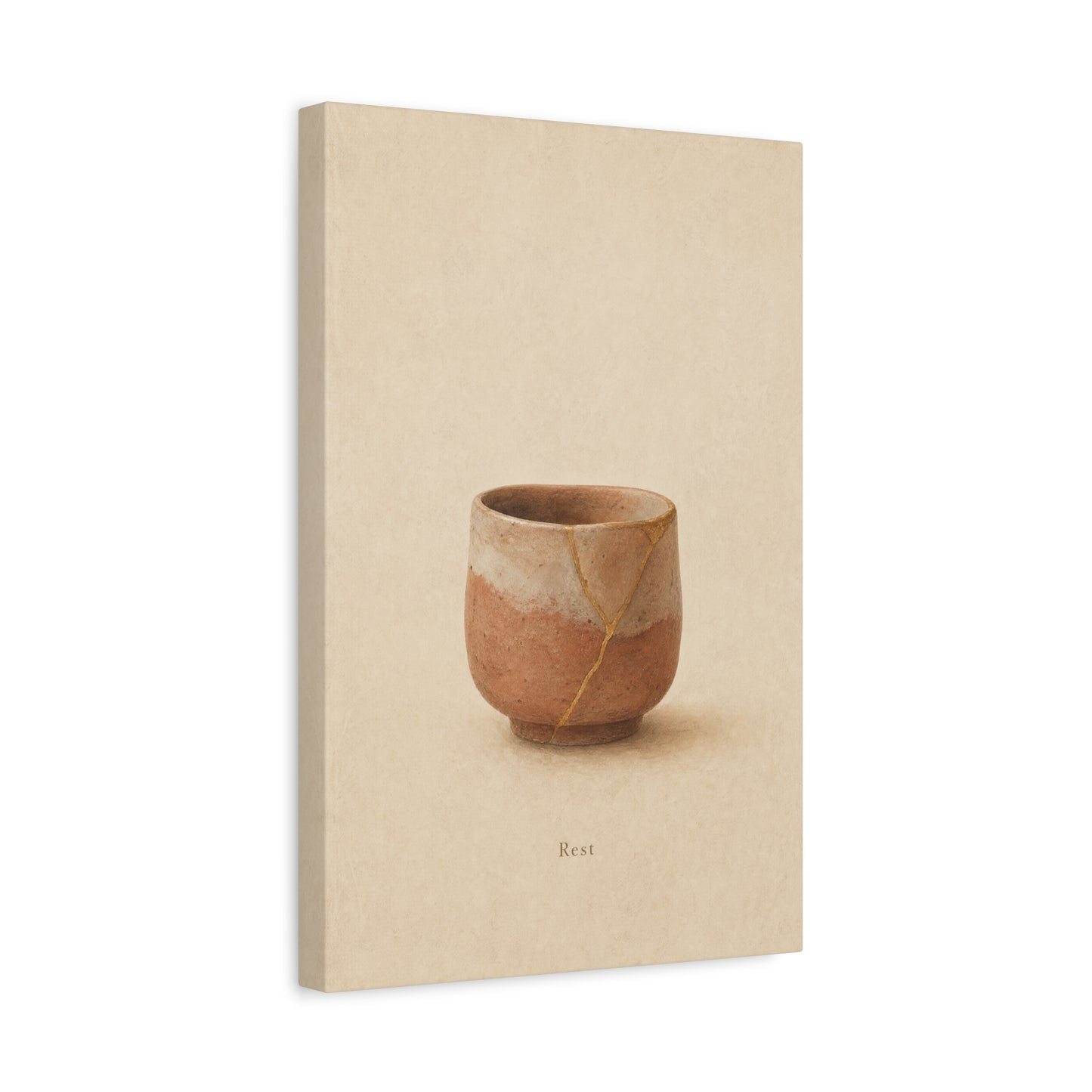 "Rest" Kintsugi Pot Canvas Wall Art - Minimalist Still Life Ceramic Vessel Print - Neutral Beige Brown Japanese Inspired Decor - Bedroom Meditation Space Living Room Home Accent - Office Wall Art