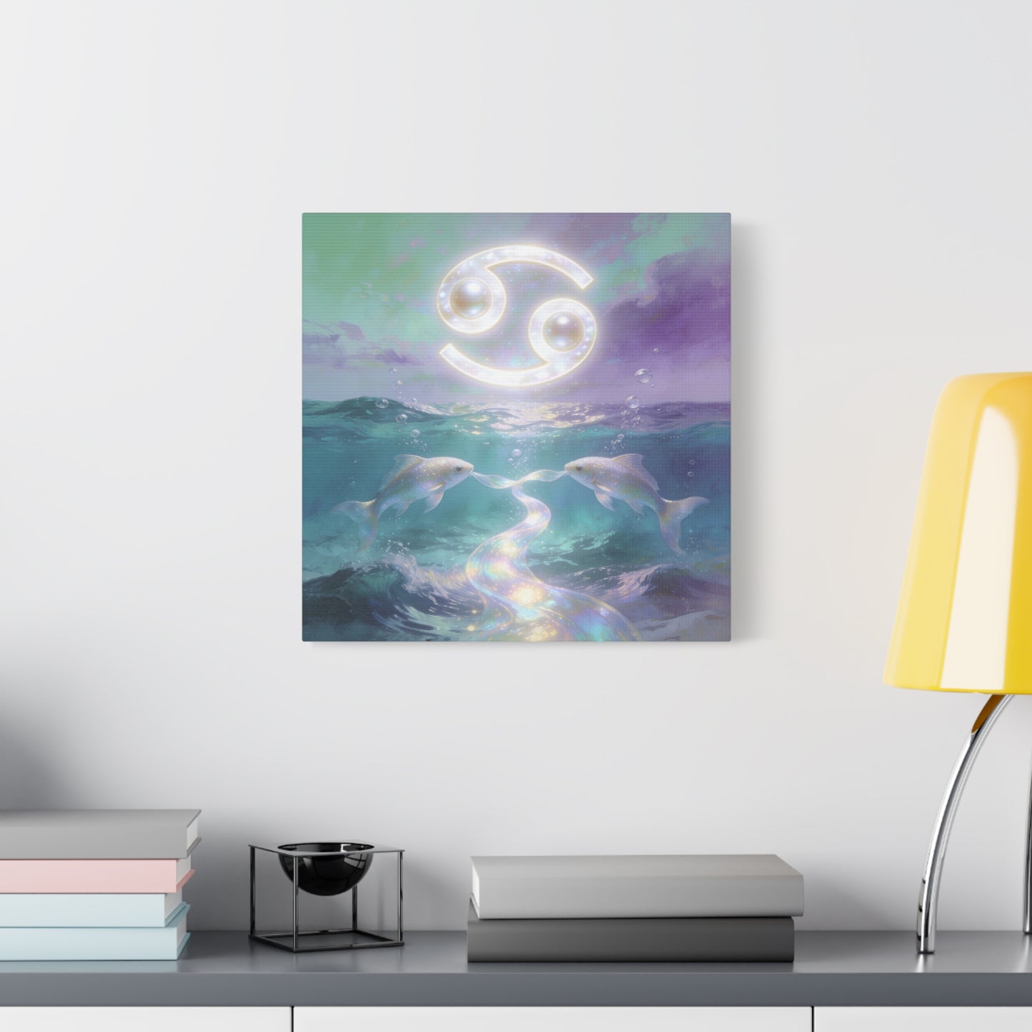 Cancer Zodiac Canvas Wall Art - Two Pearl Fish Ocean Illustration, Celestial Astrology Decor - Iridescent Matte Canvas Print - Mystical Coastal Style For Bedroom Living Room - Living Room Wall Decor