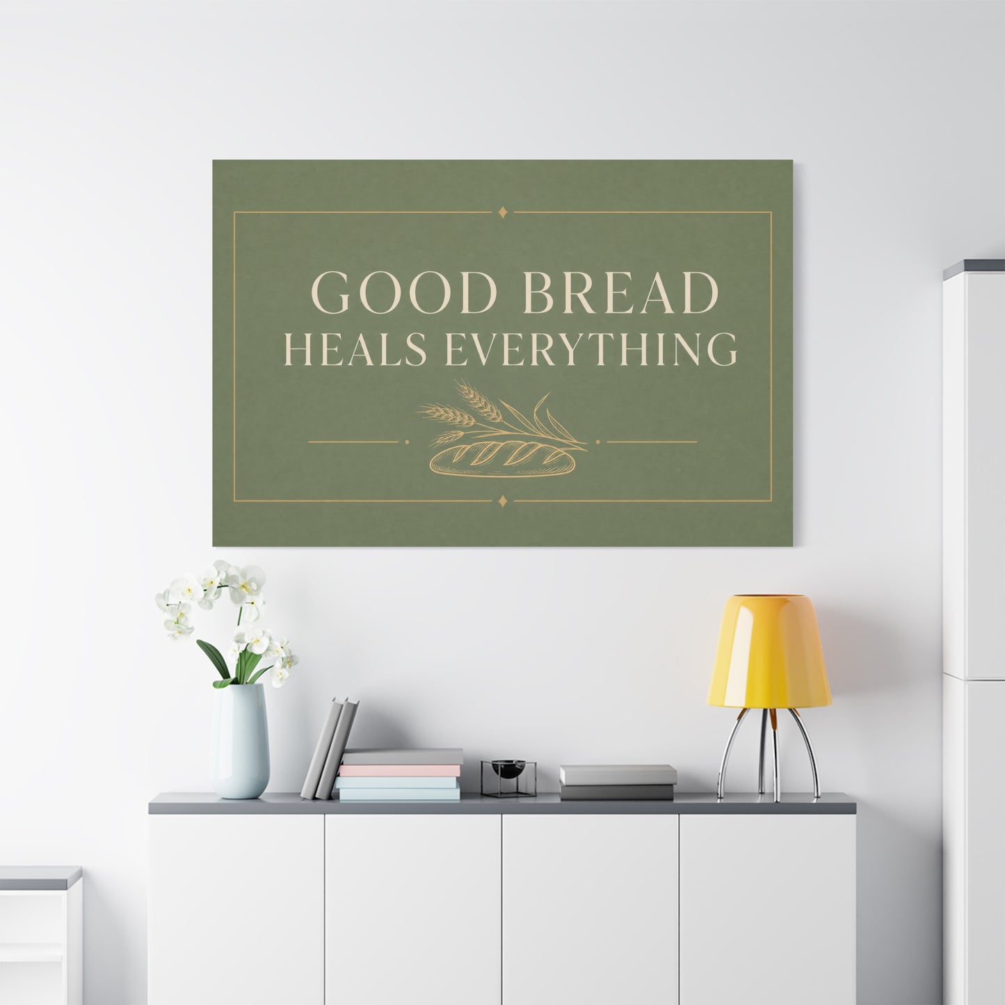 "Good Bread Heals Everything" Canvas Wall Art - Vintage Bread Quote Print, Sage Green Typography, Rustic Farmhouse Style - Ready to Hang - Deli Wall Decor - Sandwich Shop Sign - Diner Decor
