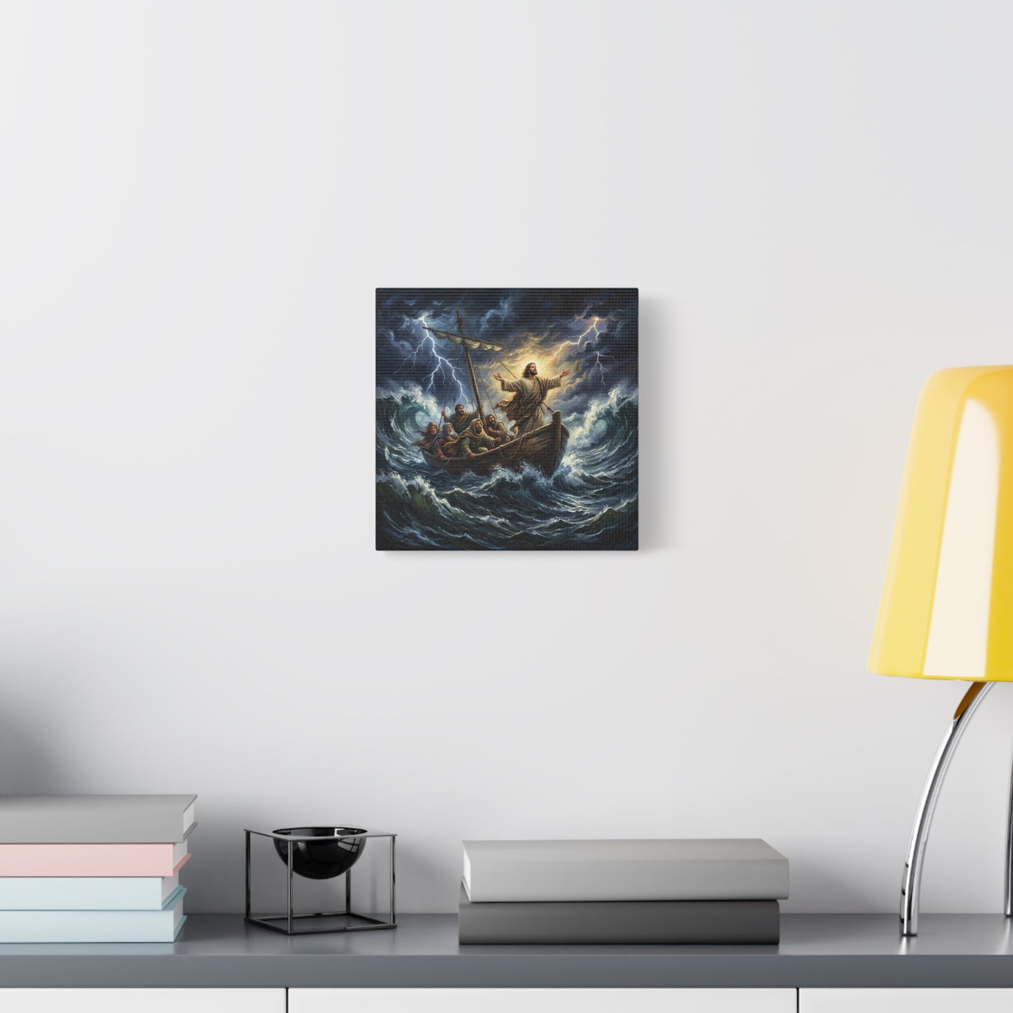 Jesus Calming The Storm Canvas Wall Art - Bible Boat Sea Scene, Dramatic Lightning Waves - Cotton Matte Print - Traditional Religious Decor For Living Room Office Bedroom - Living Room Wall Decor